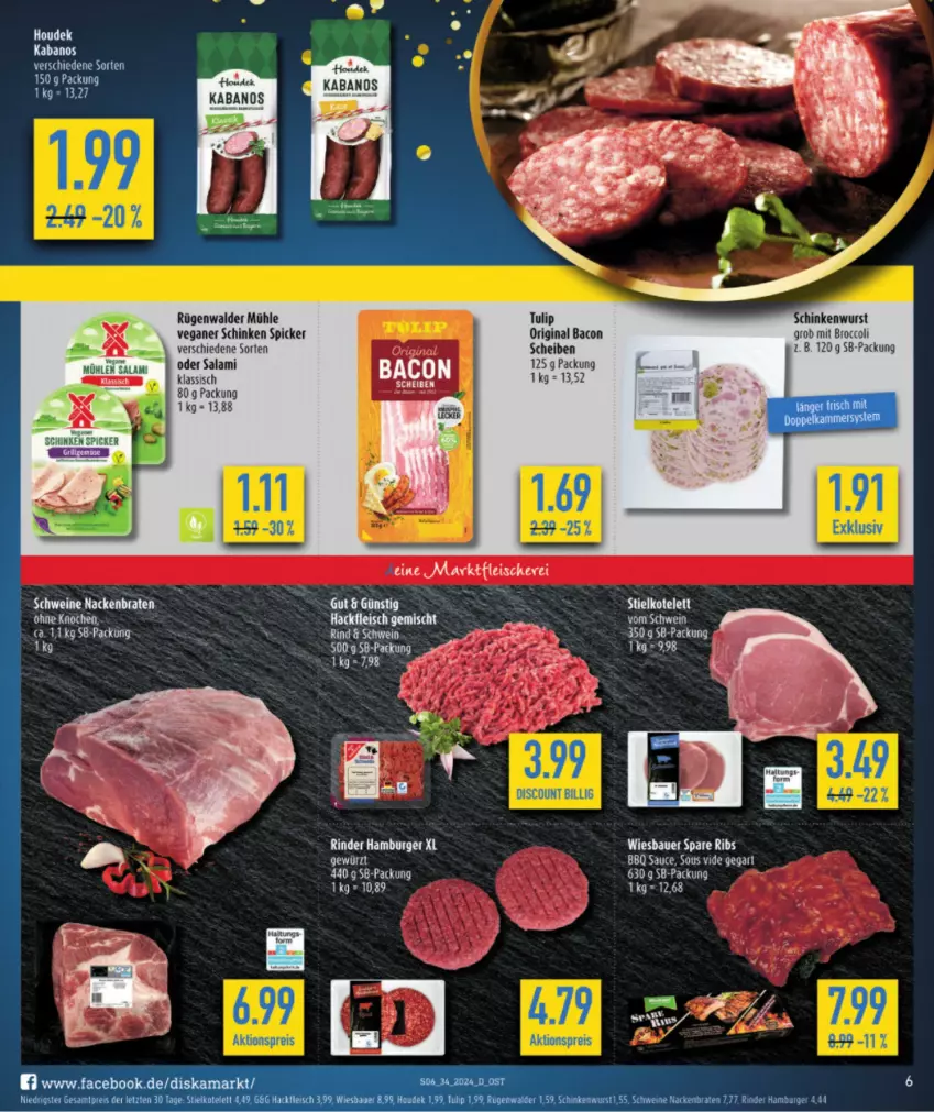 Aktueller Prospekt Diska - von 12.08 bis 17.08.2024 - strona 6 - produkty: auer, bacon, Bau, Bauer, braten, broccoli, eis, fleisch, gewürz, gin, hackfleisch, kabanos, rügenwalder, rügenwalder mühle, salami, sauce, schinken, schinken spicker, schinkenwurst, spare ribs, tee, Ti, tulip, wiesbauer, wurst