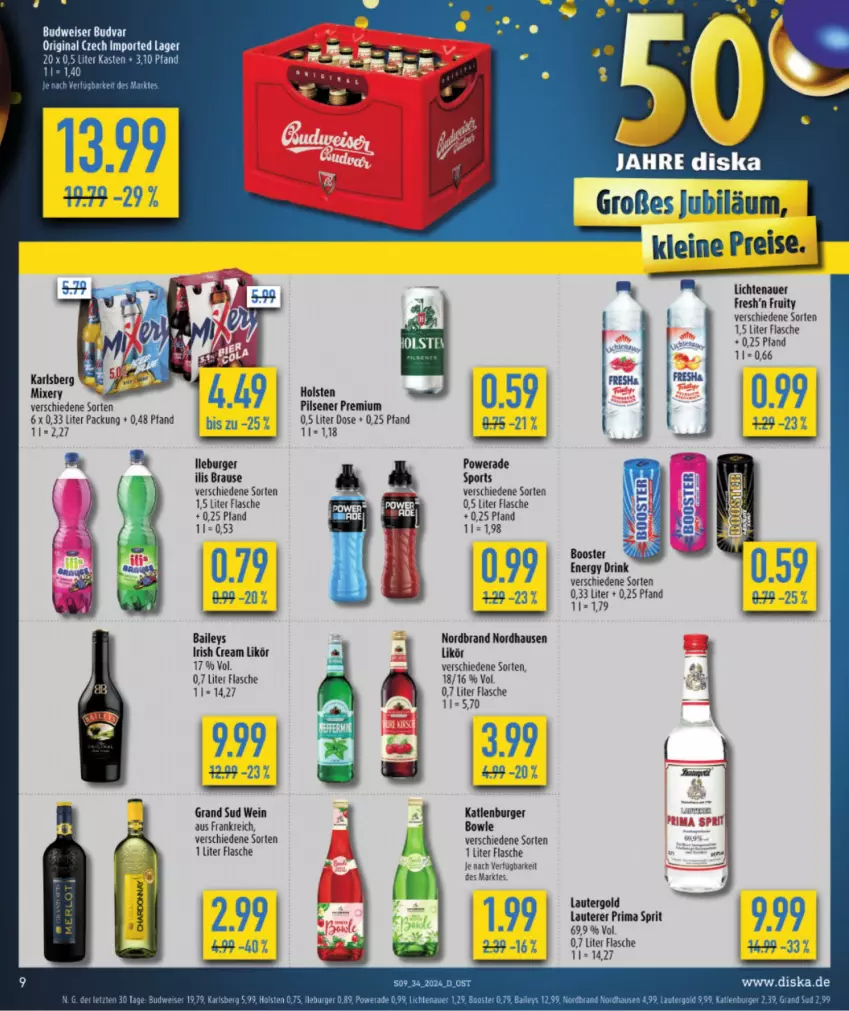 Aktueller Prospekt Diska - von 12.08 bis 17.08.2024 - strona 9 - produkty: baileys, bowle, brause, budweiser, burger, drink, eis, energy drink, flasche, gin, grand sud, holsten, irish cream, karlsberg, katlenburger, leine, likör, Mixer, mixery, nordbrand, pils, pilsener, reis, Sport, Ti, wein