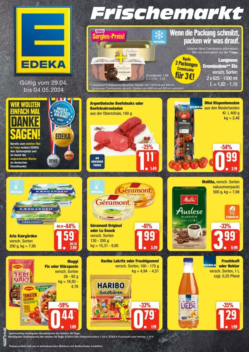 Aktueller Prospekt Edeka - Prospekte - von 27.04 bis 04.05.2024 - strona 1 - produkty: deka, eis, frucht, fruchtsaft, haribo, Nektar, reis, rispentomaten, saft, Ti, tomate, tomaten, ZTE