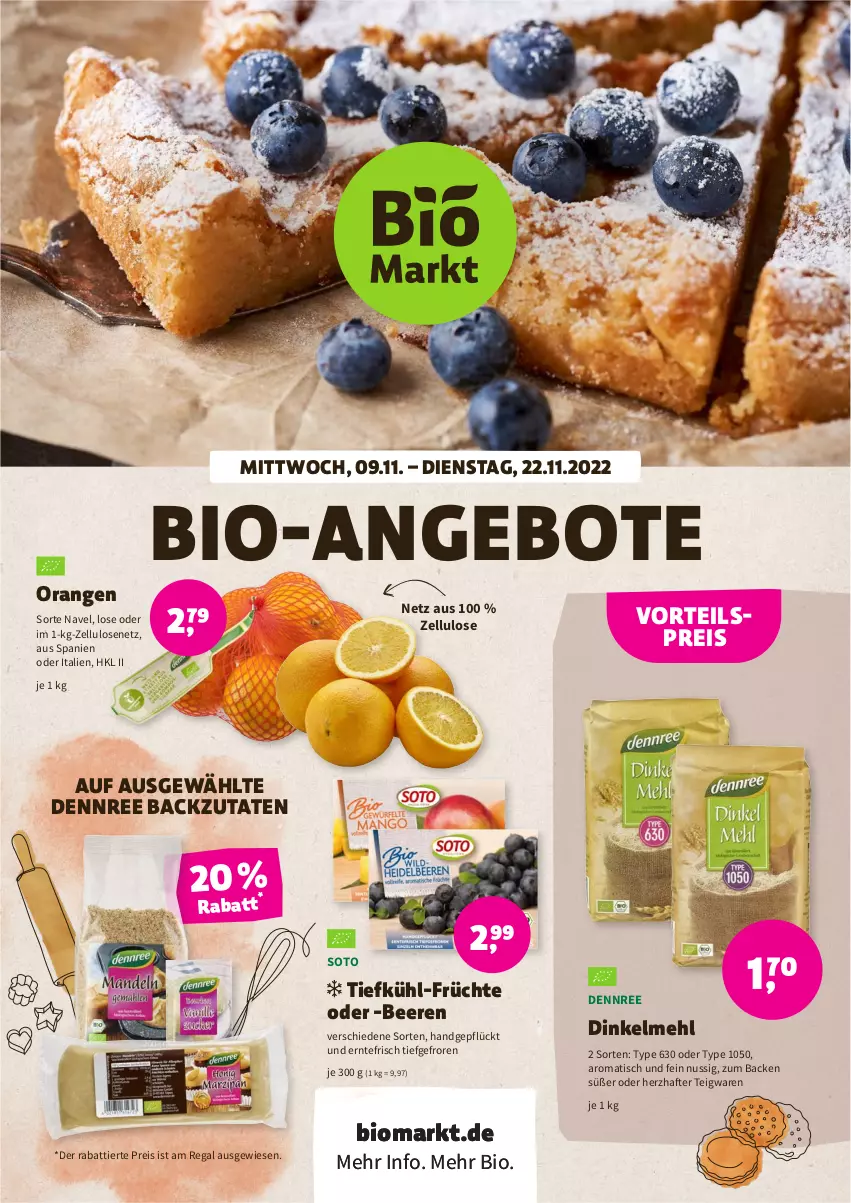 Aktueller Prospekt Denns Biomarkt - Prospekte - von 09.11 bis 22.11.2022 - strona 1 - produkty: angebot, angebote, beere, beeren, bio, dennree, dinkelmehl, eis, früchte, mehl, nuss, orange, orangen, regal, reis, teigwaren, Ti, tisch, vorteilspreis