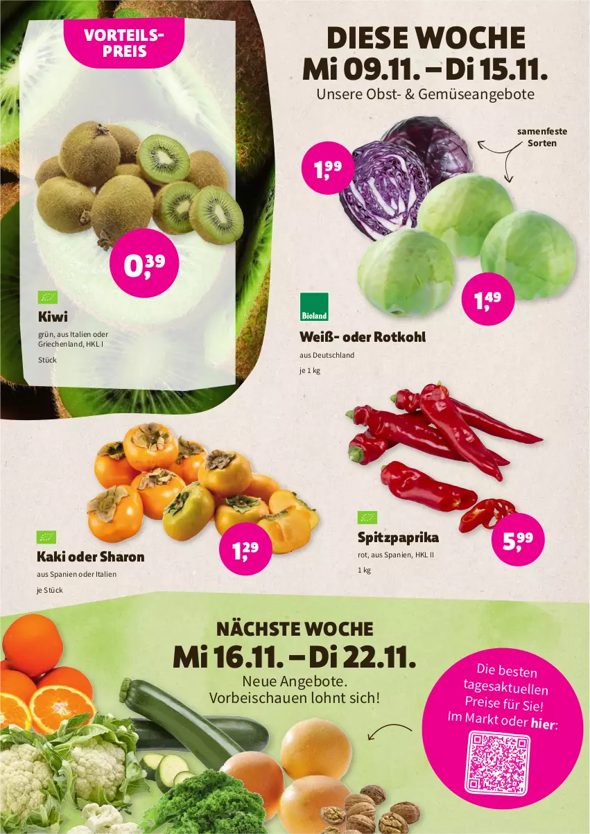 Aktueller Prospekt Denns Biomarkt - Prospekte - von 09.11 bis 22.11.2022 - strona 2 - produkty: angebot, angebote, eis, elle, Kaki, kiwi, obst, paprika, paprika rot, reis, rotkohl, Spitzpaprika, vorteilspreis