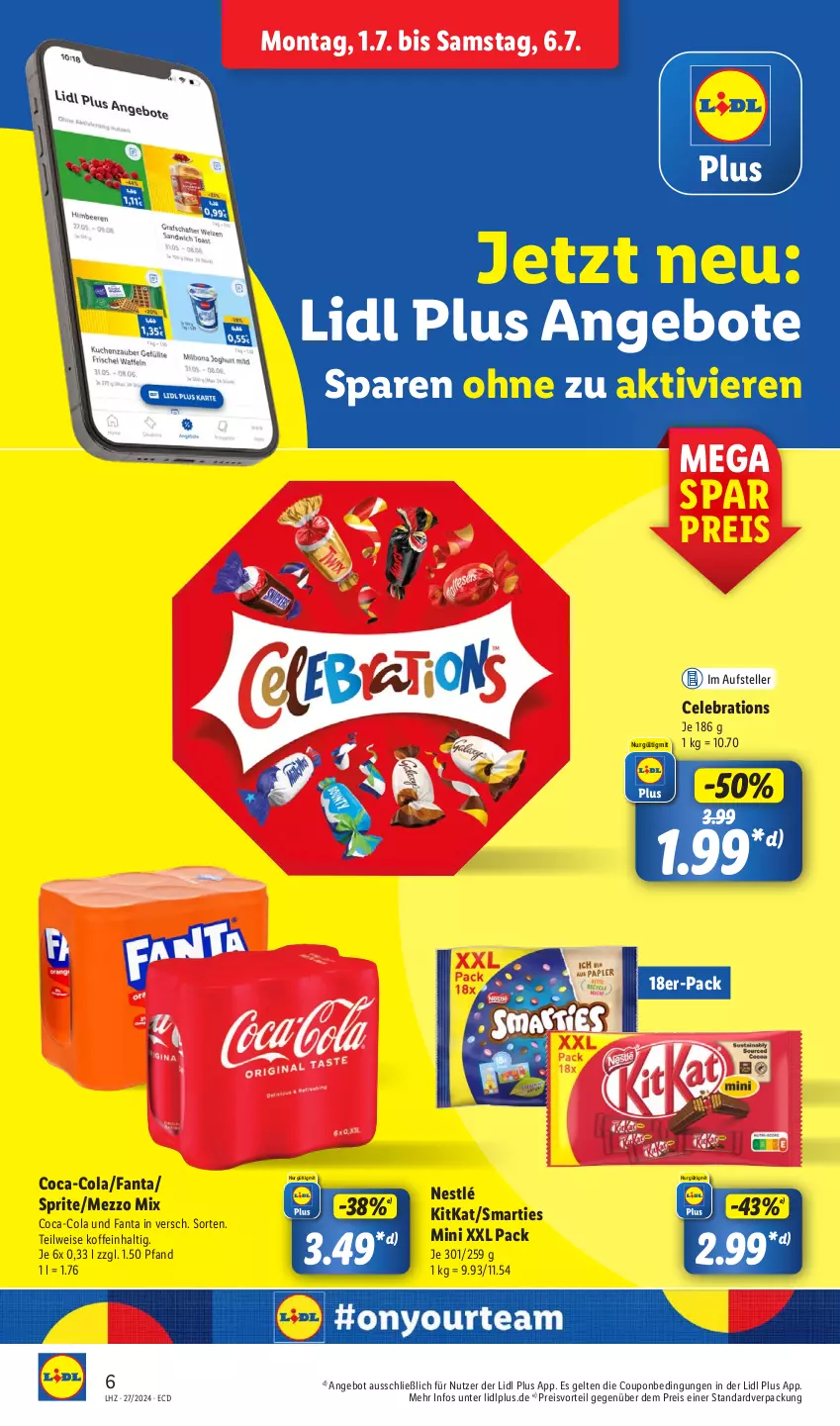 Aktueller Prospekt Lidl - Aktionsprospekt - von 01.07 bis 06.07.2024 - strona 10 - produkty: angebot, angebote, coca-cola, cola, coupon, eis, elle, fanta, kitkat, Mezzo Mix, nestlé, preisvorteil, reis, smarties, sprite, teller, Ti