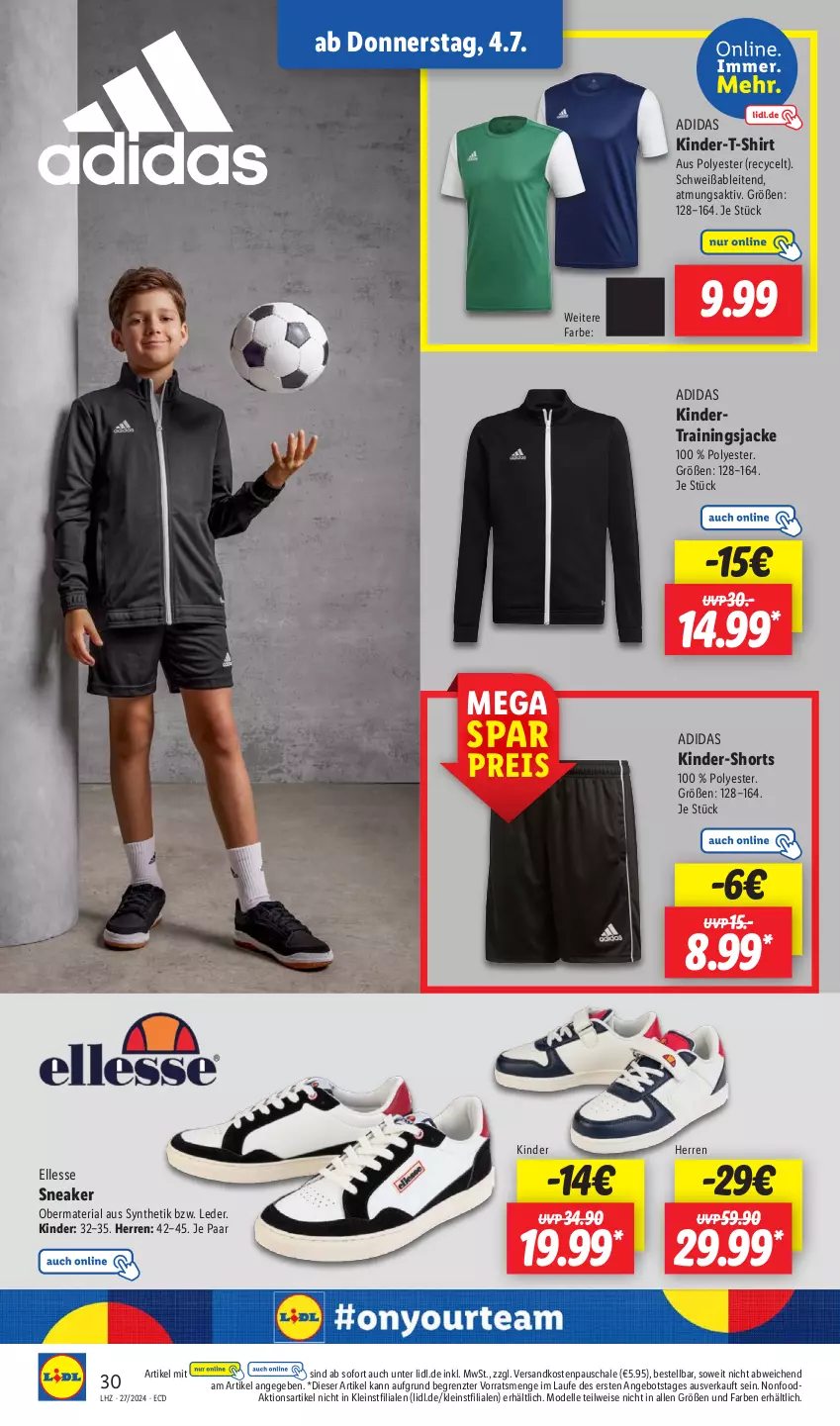 Aktueller Prospekt Lidl - Aktionsprospekt - von 01.07 bis 06.07.2024 - strona 36 - produkty: Adidas, angebot, dell, eis, elle, Jacke, Kinder, Kinder-T-Shirt, Mode, ndk, reis, Ria, Schal, Schale, shirt, shorts, sneaker, T-Shirt, Ti, ZTE