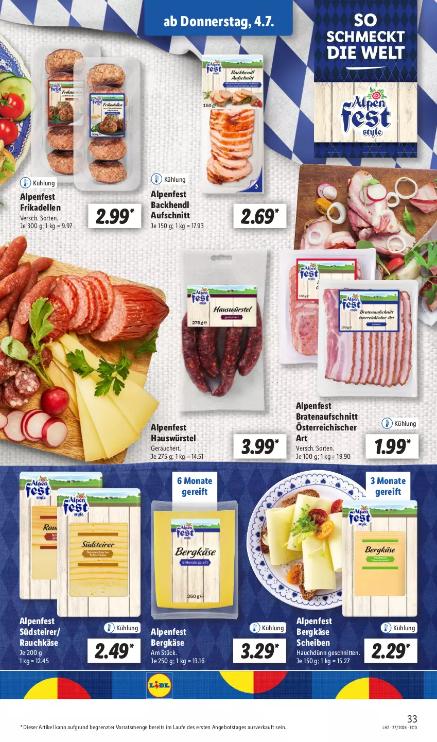 Aktueller Prospekt Lidl - Aktionsprospekt - von 01.07 bis 06.07.2024 - strona 39 - produkty: angebot, aufschnitt, Backhendl, Bergkäse, braten, bratenaufschnitt, dell, elle, frikadellen, Hendl, Käse, Rauch, schnitten, Ti, ZTE