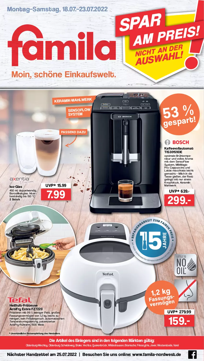 Aktueller Prospekt Famila - Prospekte - von 18.07 bis 23.07.2022 - strona 1 - produkty: ACC, auto, Cap, cappuccino, chia, cin, eis, elle, fritteuse, jever, kaffee, kaffeevollautomat, latte, latte macchiato, LG, mac, macchiato, milch, reis, rel, tasse, teller, Ti, Tiere, tisch, Weste, Wild