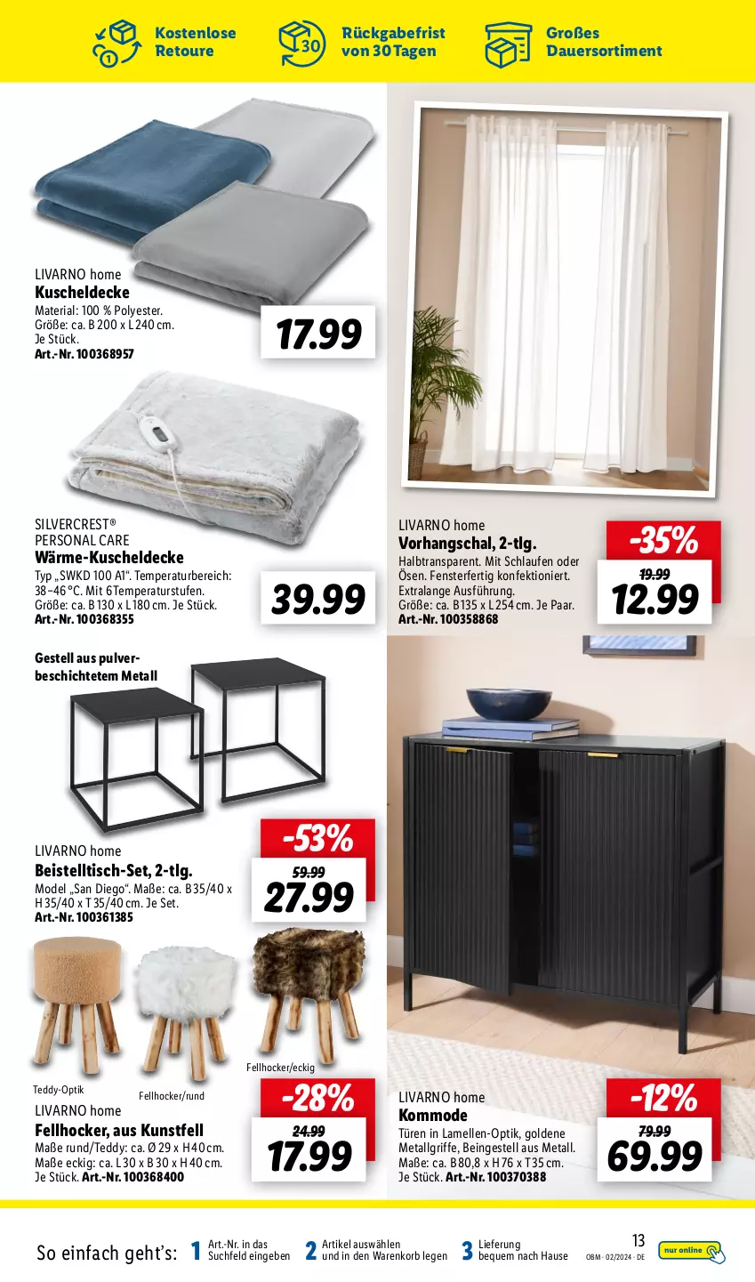 Aktueller Prospekt Lidl - Aktuelle Onlineshop-Highlights - von 01.02 bis 29.02.2024 - strona 13 - produkty: auer, beistelltisch, decke, eis, elle, fenster, hocker, kommode, korb, kuscheldecke, Laufen, LG, Mode, Persona, Ria, Schal, silvercrest, Ti, tisch