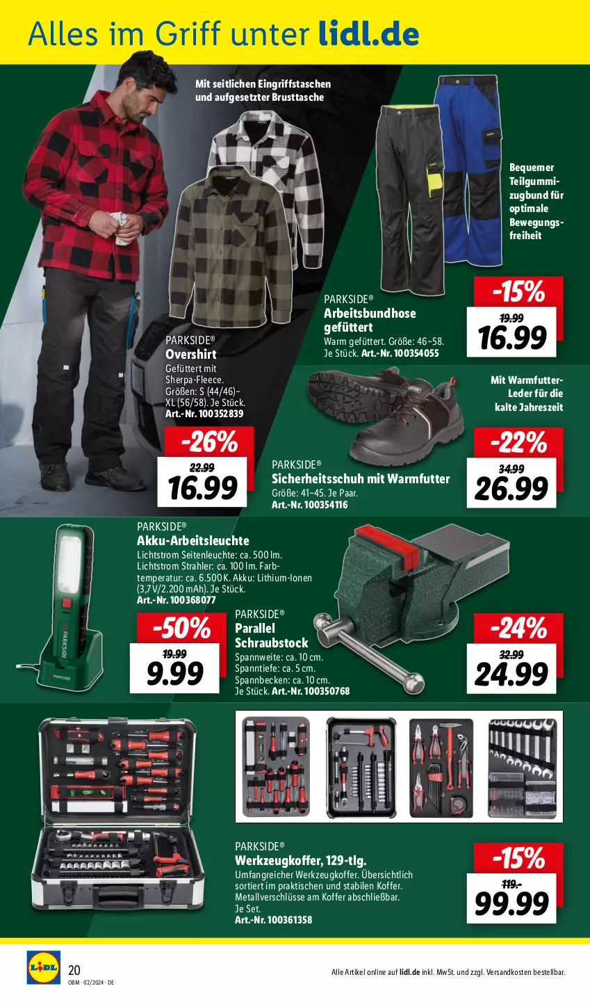 Aktueller Prospekt Lidl - Aktuelle Onlineshop-Highlights - von 01.02 bis 29.02.2024 - strona 20 - produkty: akku, Akku-Arbeitsleuchte, Arbeitsleuchte, hose, koffer, Leuchte, LG, ndk, Parkside, shirt, Tasche, taschen, Ti, tisch, werkzeug, ZTE