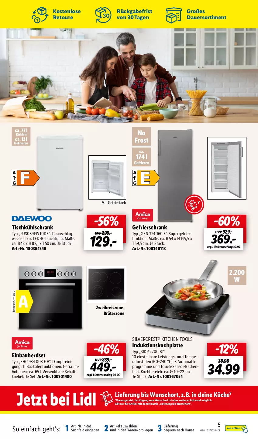 Aktueller Prospekt Lidl - Aktuelle Onlineshop-Highlights - von 01.02 bis 29.02.2024 - strona 5 - produkty: auer, auto, backofen, Bau, beleuchtung, einbauherd, einbauherdset, eis, garraum, gefrierfach, gefrierschrank, herdset, HP, korb, küche, kühlschrank, latte, led-beleuchtung, Ofen, Reinigung, reis, rum, Schal, Schrank, silvercrest, Spektrum, supergefrierfunktion, Ti, tisch, türanschlag wechselbar