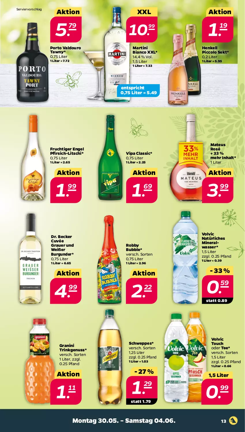 Aktueller Prospekt Netto - Angebote ab Montag - von 30.05 bis 04.06.2022 - strona 13 - produkty: Alwa, auer, burgunder, cuvée, Engel, frucht, granini, henkel, henkell, martini, mateus, mineralwasser, natürliches mineralwasser, nuss, pfirsich, robby, schweppes, sekt, tee, Ti, valdo, volvic, volvic natürliches, wasser