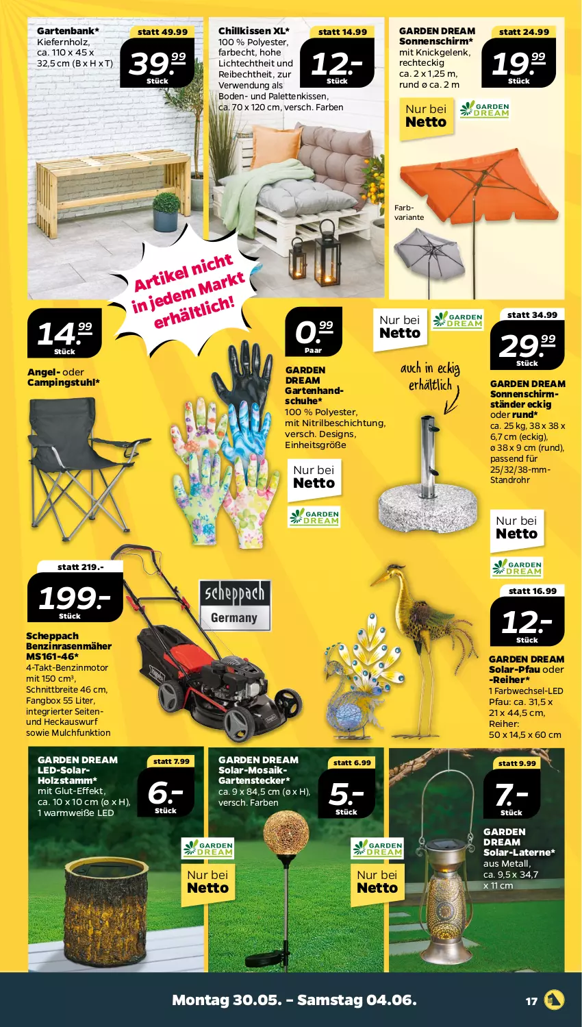 Aktueller Prospekt Netto - Angebote ab Montag - von 30.05 bis 04.06.2022 - strona 17 - produkty: Bank, Brei, campingstuhl, Garten, gartenbank, handschuhe, Holz, kissen, laterne, Palette, Palettenkissen, Pfau, rasen, rasenmäher, Ria, rwe, schirmständer, schuhe, sonnenschirm, stuhl, Ti