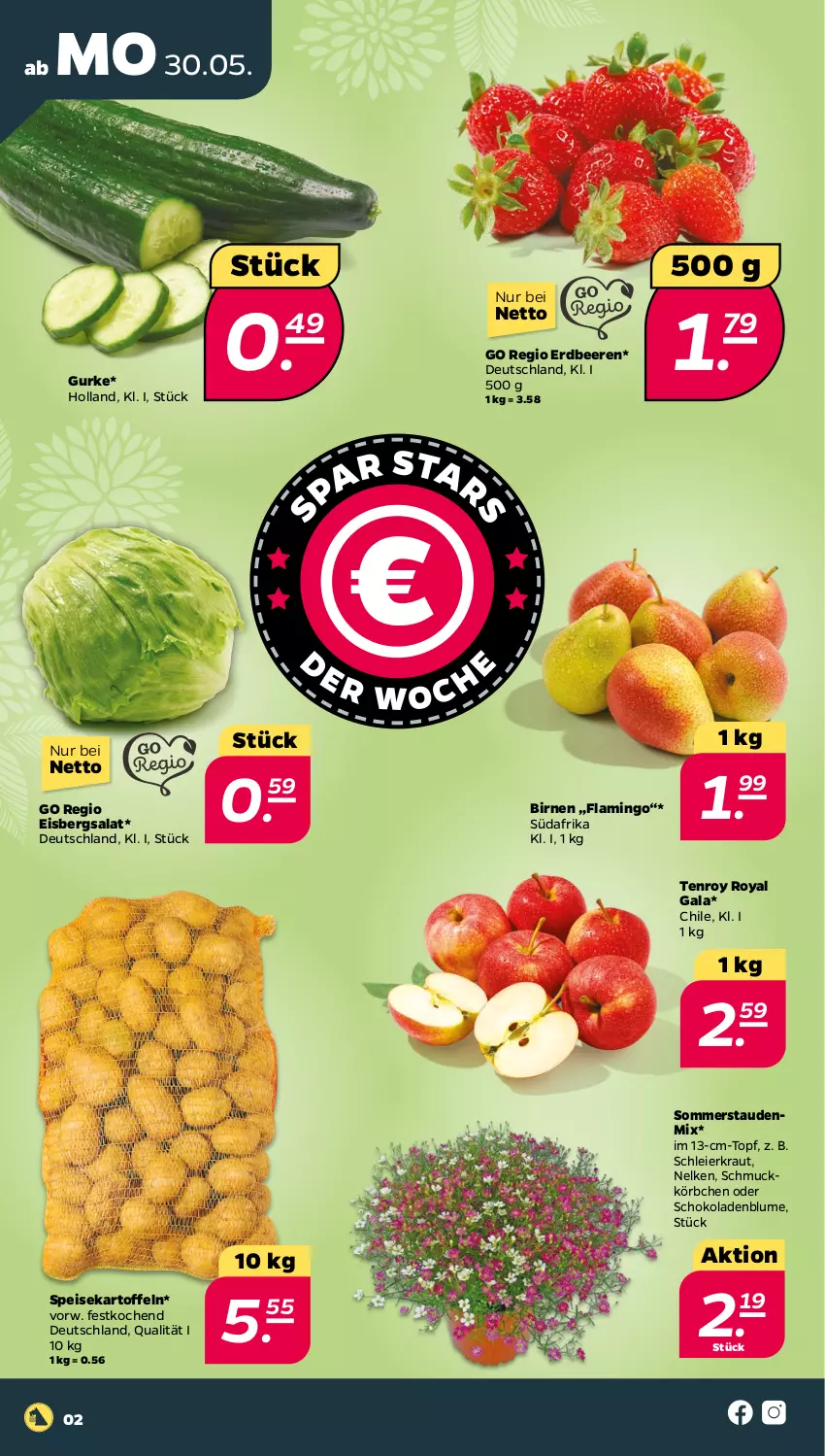 Aktueller Prospekt Netto - Angebote ab Montag - von 30.05 bis 04.06.2022 - strona 2 - produkty: beere, beeren, Birnen, blume, eier, eis, eisbergsalat, erdbeere, erdbeeren, gurke, kartoffel, kartoffeln, Körbchen, Kraut, salat, Schmuck, schoko, schokolade, schokoladen, speisekartoffeln, stauden, Ti, topf