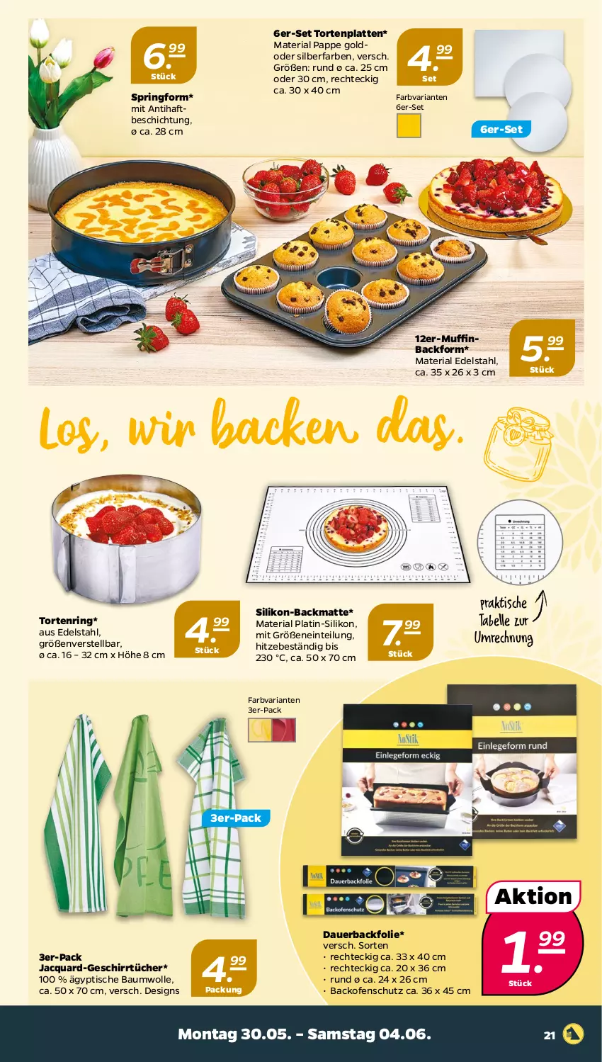 Aktueller Prospekt Netto - Angebote ab Montag - von 30.05 bis 04.06.2022 - strona 21 - produkty: auer, Backfolie, Backform, Backmatte, backofen, Bau, baumwolle, edelstahl, elle, geschirr, geschirrtücher, latte, Muffin, Ofen, Ria, ring, Springform, Ti, tisch, torte, tücher, wolle