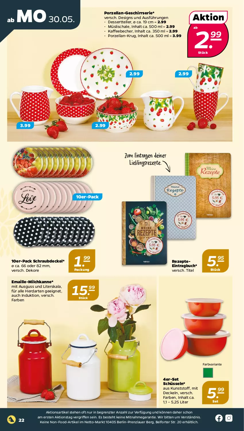 Aktueller Prospekt Netto - Angebote ab Montag - von 30.05 bis 04.06.2022 - strona 22 - produkty: auer, Becher, buch, decke, Deckel, dessert, Dessertteller, elle, geschirr, Geschirrserie, herdarten, kaffee, kaffeebecher, maille, milch, müsli, Müslischale, rezept, rezepte, Ria, Schal, Schale, schüssel, tee, teller, Ti, ZTE