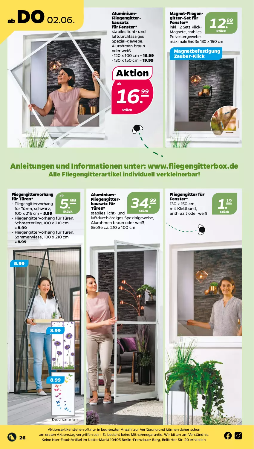 Aktueller Prospekt Netto - Angebote ab Montag - von 30.05 bis 04.06.2022 - strona 26 - produkty: auer, Bau, braun, fenster, fliegengitter, leine, LG, Liege, Mett, Ria, Schmetterling, Spezi, Ti, ZTE