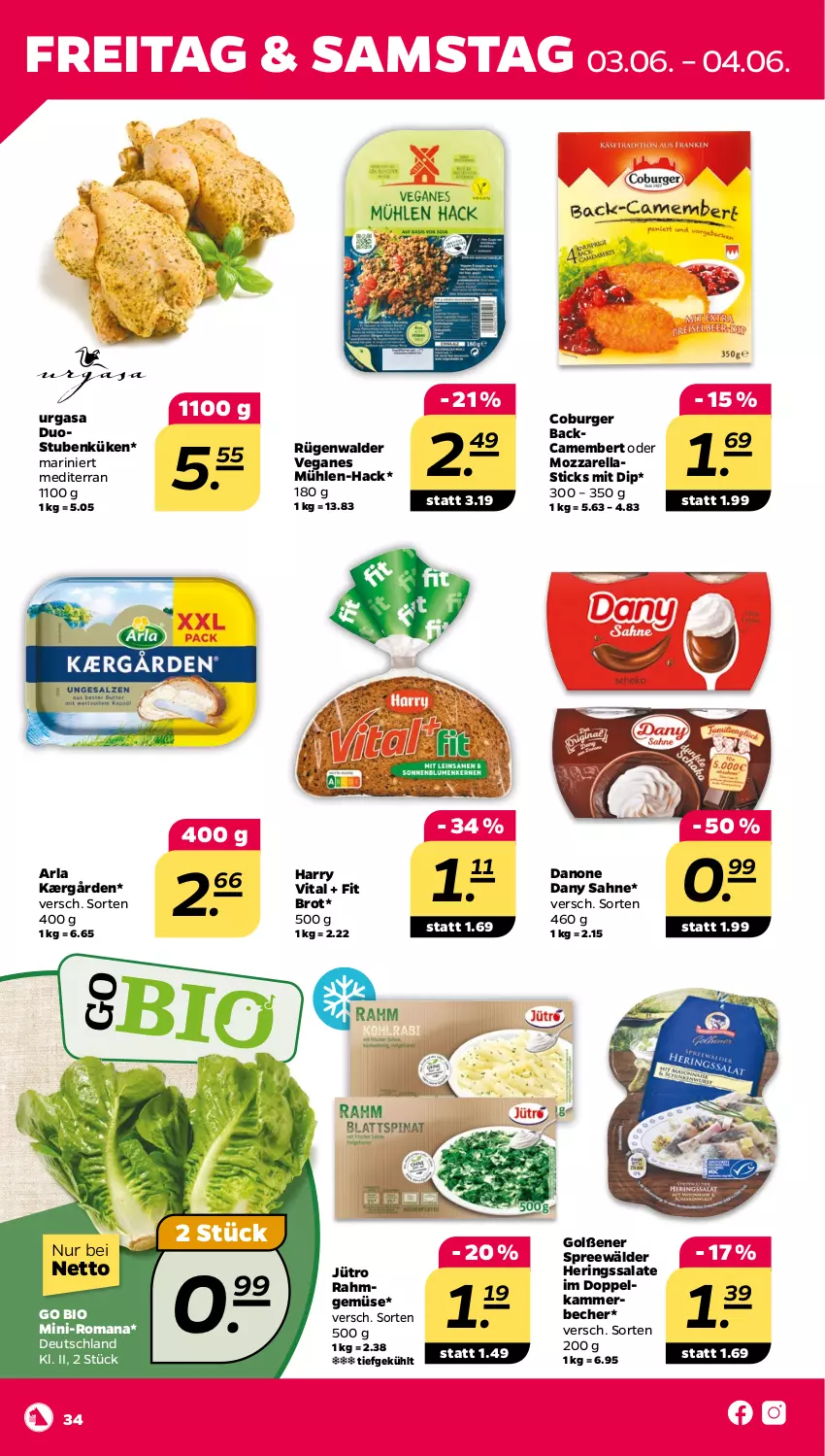 Aktueller Prospekt Netto - Angebote ab Montag - von 30.05 bis 04.06.2022 - strona 34 - produkty: arla, asti, Becher, bio, brot, burger, camembert, danone, Dany, dany sahne, dip, hering, Herings, Kærgården, mozzarella, Rahmgemüse, rel, ring, rügenwalder, sahne, salat, salate, spreewälder, stube, Ti, vita