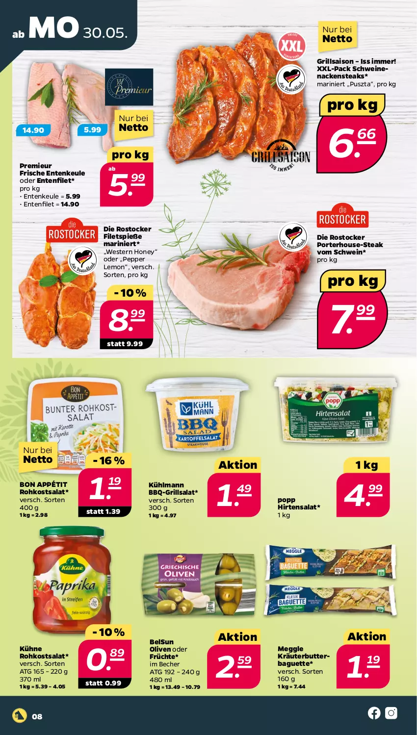 Aktueller Prospekt Netto - Angebote ab Montag - von 30.05 bis 04.06.2022 - strona 8 - produkty: baguette, Becher, butter, ente, Entenkeule, filet, filets, früchte, grill, kräuter, kräuterbutter, Kräuterbutterbaguette, kühlmann, Kühne, meggle, Nackensteak, nackensteaks, olive, oliven, Popp, Rostocker, salat, schwein, schweine, schweinenacken, steak, steaks, Ti, wein, weine, Weste