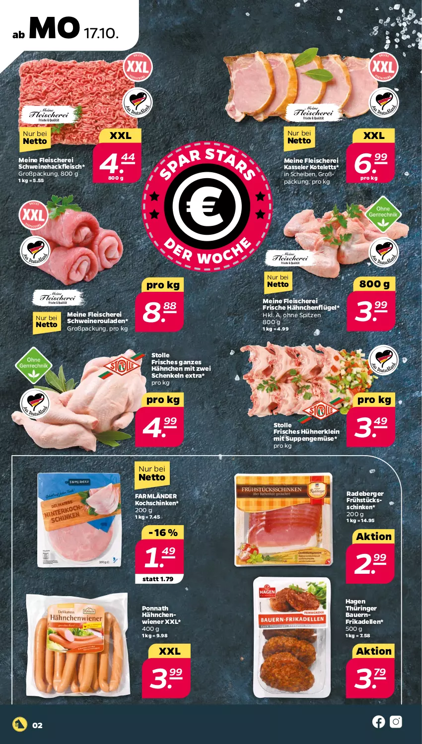 Aktueller Prospekt Netto - Woche 42 - von 17.10 bis 22.10.2022 - strona 2 - produkty: auer, Bau, Bauer, Berger, dell, eis, elle, fleisch, Fleischerei, frikadellen, Frische Hähnchen, hackfleisch, hähnchenflügel, henkel, hühner, kasseler, kochschinken, kotelett, nero, ponnath, radeberger, ring, rouladen, schenkel, Schere, schinken, schwein, schweine, Schweinehackfleisch, Schweineroulade, suppe, suppen, Ti, wein, weine, wiener