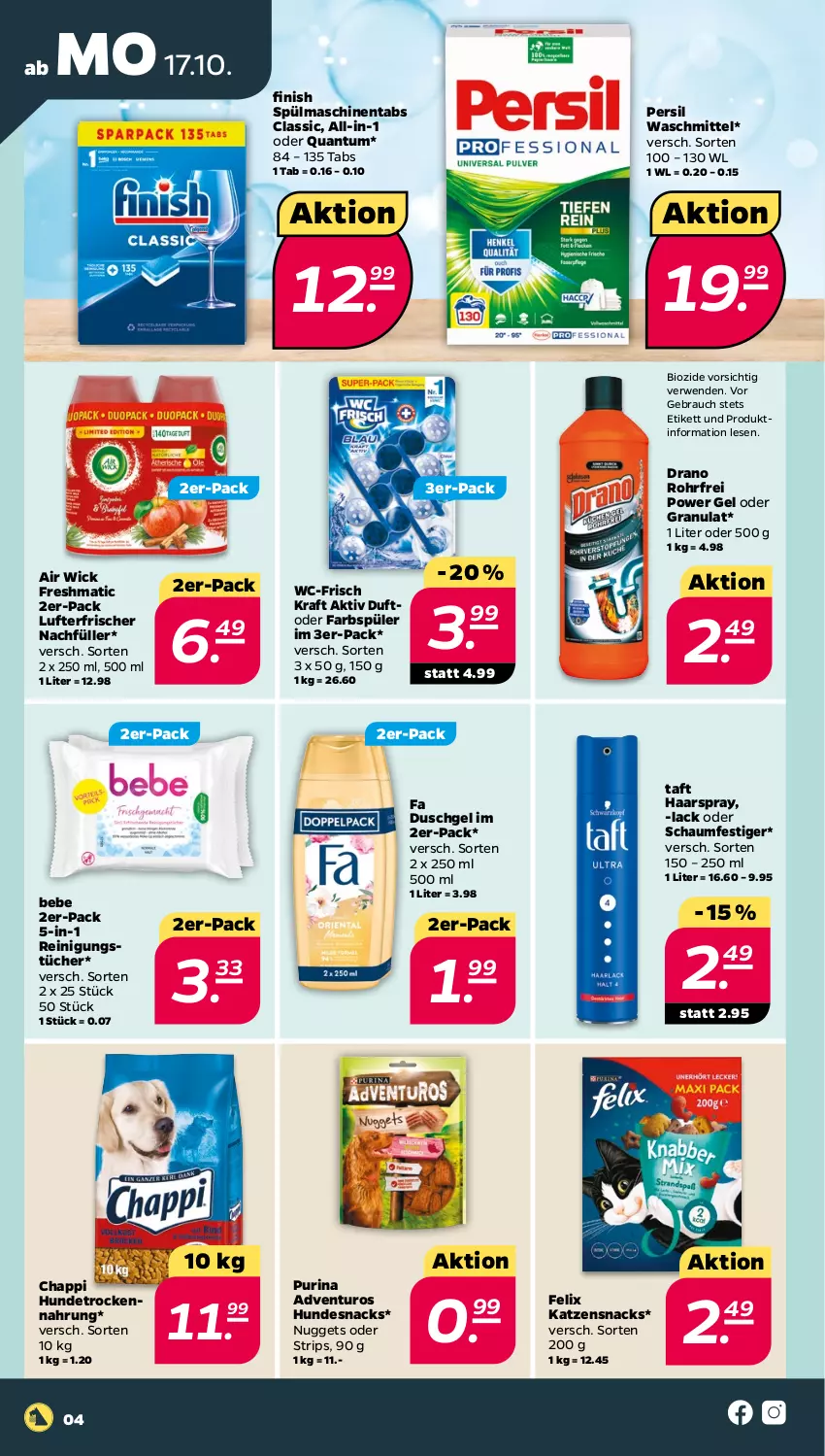 Aktueller Prospekt Netto - Woche 42 - von 17.10 bis 22.10.2022 - strona 4 - produkty: adventuros, Air Wick, Bebe, bio, duschgel, fa duschgel, felix, Finish, haarspray, hundesnack, hundesnacks, Hundetrockennahrung, katzensnack, katzensnacks, kraft, lack, lufterfrischer, nuggets, oder schaumfestiger, persil, persil waschmittel, purina, Rauch, Reinigung, reinigungstücher, rwe, schaumfestiger, snack, snacks, spülmaschinen, spülmaschinentabs, Taft, Ti, Trockennahrung, tücher, waschmittel, WICK