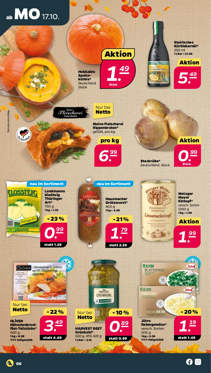 Aktueller Prospekt Netto - Woche 42 - von 17.10 bis 22.10.2022 - strona 6 - produkty: braten, brustfilet, eintopf, eis, filet, fleisch, Fleischerei, hähnchenbrust, hähnchenbrustfilet, Hausmacher, Kürbis, Kürbiskernöl, mac, Rahmgemüse, ring, Rippen, Schere, Ti, topf, wurst