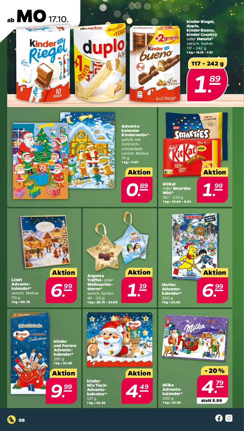 Aktueller Prospekt Netto - Woche 42 - von 17.10 bis 22.10.2022 - strona 8 - produkty: Adventskalender, duplo, ferrero, hanuta, haribo, Kinder, kinder bueno, kinder country, kinder riegel, kitkat, lindt, milch, milka, riegel, schoko, schokolade, smarties, Ti, tisch, Trüffel, vollmilch, Weihnachtsstern