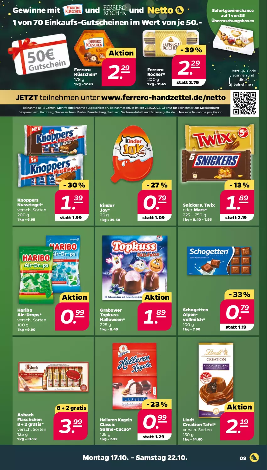 Aktueller Prospekt Netto - Woche 42 - von 17.10 bis 22.10.2022 - strona 9 - produkty: ferrero, Ferrero Küsschen, Ferrero Rocher, gutschein, gutscheine, haribo, Kinder, knoppers, Kugel, lindt, mars, milch, nuss, nussriegel, riegel, sac, sahne, schogetten, snickers, Ti, twix, vollmilch