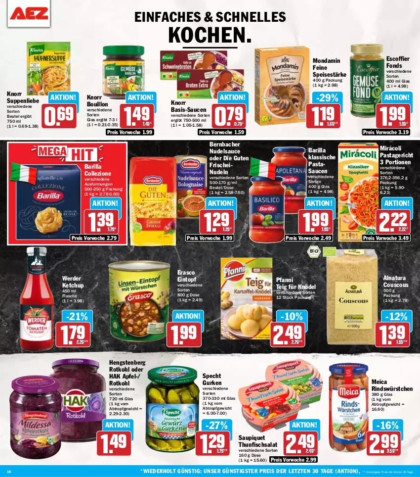 Aktueller Prospekt Aez - Prospekte - von 23.09 bis 28.09.2024 - strona 10 - produkty: apfel, barilla, bernbacher, beutel, couscous, eintopf, eis, elle, erasco, erde, fisch, flasche, gurke, gurken, hengstenberg, ketchup, Knödel, knorr, meica, Mirácoli, mondamin, natur, natura, nudel, nudeln, pasta, Pastagericht, pfanni, reis, rind, rotkohl, salat, sauce, saucen, saupiquet, specht, suppe, suppen, suppenliebe, thunfisch, Thunfischsalat, Ti, topf, würstchen, ZTE