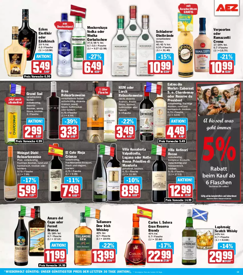 Aktueller Prospekt Aez - Prospekte - von 23.09 bis 28.09.2024 - strona 13 - produkty: alkohol, amaro, Amaro del Capo, arlo, bree, cabernet, Cap, champagne, champagner, chardonnay, eier, eierlikör, eis, ente, entrecôte, Fernet, fernet branca, finesse, flasche, frucht, Gorbatschow, grand sud, irish whiskey, kirsch, laphroaig, likör, merl, merlot, moskovskaya, obst, primitivo, rama, ramazzott, ramazzotti, rebsortenweine, reis, Ria, rioja, Schladerer, scotch, scotch whisky, sekt, spirituosen, Ti, Tiere, tullamore, tullamore dew, Valpolicella, verpoorten, vodka, wein, weine, whiskey, whisky, wodka, zott, ZTE