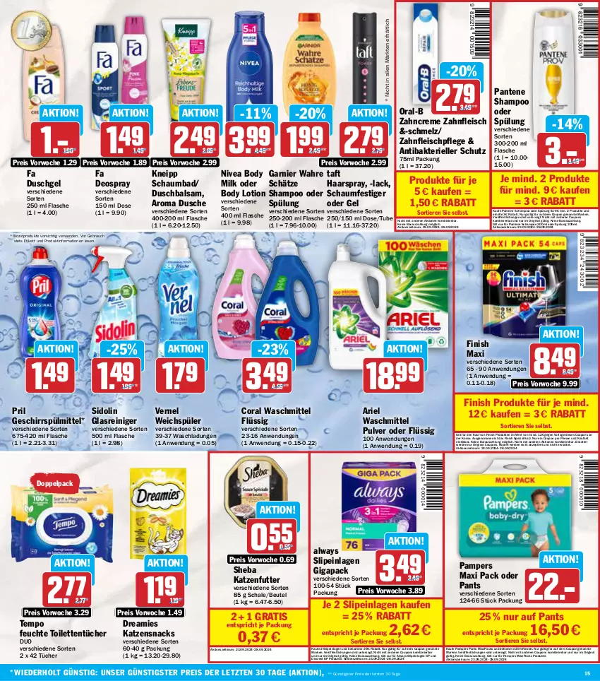 Aktueller Prospekt Aez - Prospekte - von 23.09 bis 28.09.2024 - strona 15 - produkty: Alwa, Always, ariel, ariel waschmittel, Bad, balsam, beko, beutel, bio, biozidprodukte, body, body lotion, Coral, coupon, coupons, creme, deo, deospray, Discreet, dreamies, dusche, duschgel, eis, elle, erde, fa duschgel, Finish, flasche, fleisch, garnier, geschirr, geschirrspülmittel, gin, Glasreiniger, haarspray, HP, katzenfutter, katzensnack, katzensnacks, kneipp, lack, Lotion, nivea, oral-b, pampers, pantene, Pants, pril, Rauch, reiniger, reis, rwe, salz, Schal, Schale, schaumbad, schaumfestiger, shampoo, sheba, sidolin, slip, slipeinlagen, snack, snacks, Spezi, spülmittel, spülung, Taft, Tempo, Ti, Tiere, toilettentücher, tücher, vernel, waschmittel, weichspüler, zahncreme, ZTE