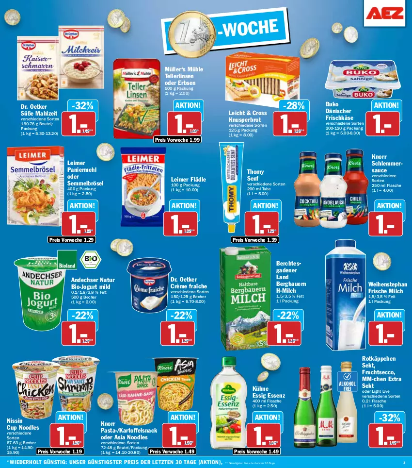 Aktueller Prospekt Aez - Prospekte - von 23.09 bis 28.09.2024 - strona 3 - produkty: andechser natur, auer, Bau, Bauer, Becher, beutel, bio, brot, Buko, crème fraîche, Dr. Oetker, ecco, eimer, eis, elle, erbsen, essig, flasche, frische milch, frischkäse, frucht, fruchtsecco, jogurt, kartoffel, Käse, knorr, knorr pasta, Kühne, leimer, linsen, mehl, milch, Müller, natur, Nissin, Paniermehl, pasta, reis, rotkäppchen, sauce, schlemmersauce, sekt, Semmel, Semmelbrösel, senf, snack, teller, thomy, Ti, weihenstephan, ZTE