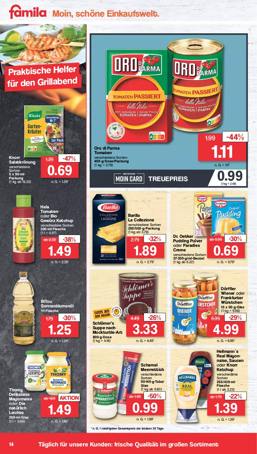 Aktueller Prospekt Famila - Prospekte - von 14.08 bis 19.08.2023 - strona 14 - produkty: barilla, beutel, bio, blume, blumen, blumenöl, creme, Dr. Oetker, eis, flasche, frankfurter, gewürz, grill, Hela, ketchup, knorr, mayonnaise, meerrettich, oro di parma, Paradies Creme, pudding, reis, Rettich, salat, salatkrönung, sauce, saucen, schamel, sonnenblume, sonnenblumen, sonnenblumenöl, suppe, thomy, Ti, tisch, tomate, tomaten, wiener, würstchen, Yo, ZTE