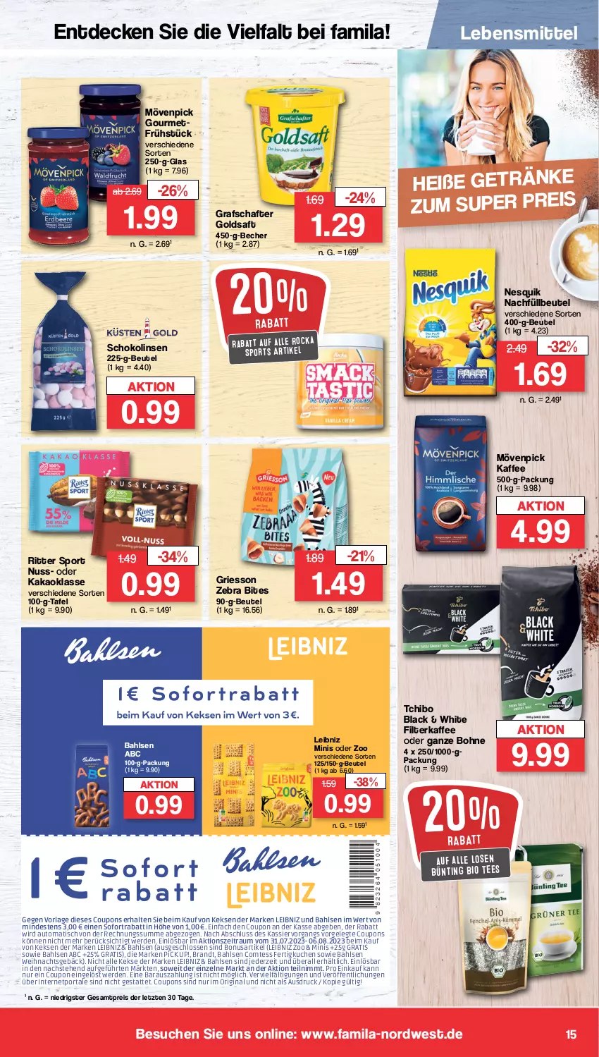 Aktueller Prospekt Famila - Prospekte - von 14.08 bis 19.08.2023 - strona 15 - produkty: auto, bahlsen, Becher, beutel, bio, bites, bohne, brandt, comtess, coupon, coupons, decke, eis, erde, filterkaffee, getränk, getränke, gin, goldsaft, grafschafter, griesson, kaffee, kakao, keks, kekse, kuchen, lack, lebensmittel, leibniz, linsen, mövenpick, mövenpick kaffee, nesquik, nuss, Pick Up!, reis, ritter, ritter sport, saft, schoko, Schokolinsen, sofortrabatt, Sport, Tchibo, tee, Ti, tisch, ZTE