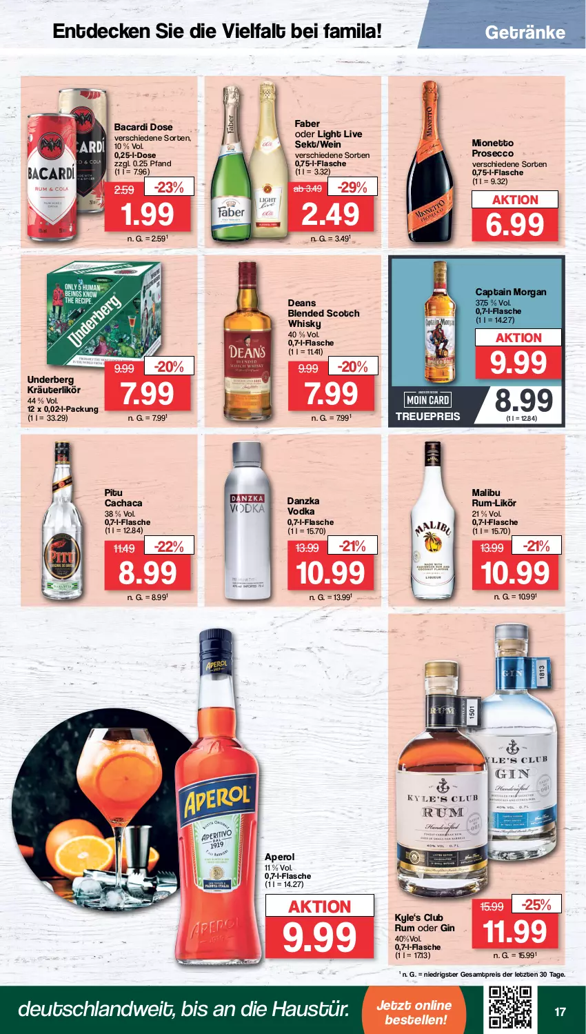 Aktueller Prospekt Famila - Prospekte - von 14.08 bis 19.08.2023 - strona 17 - produkty: aperol, aust, bacardi, blended scotch, blended scotch whisky, Cachaca, Cap, captain morgan, decke, ecco, eis, elle, flasche, getränk, getränke, gin, kräuter, kräuterlikör, likör, Malibu, mionetto, prosecco, reis, rum, scotch, scotch whisky, sekt, Ti, underberg, vodka, wein, whisky, ZTE