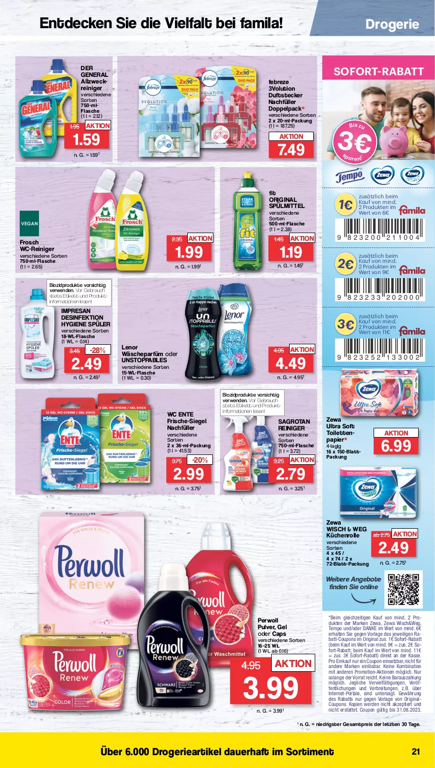 Aktueller Prospekt Famila - Prospekte - von 14.08 bis 19.08.2023 - strona 21 - produkty: angebot, angebote, auer, bio, biozidprodukte, Brei, Cap, coupon, coupons, decke, Desinfektion, eis, ente, erde, febreze, flasche, Frosch, gin, küche, Küchen, küchenrolle, lenor, papier, perwoll, rabatt-coupon, Rauch, reiniger, reis, resa, rwe, sagrotan, sofort-rabatt, spülmittel, Tempo, Ti, wäscheparfüm, wc ente, wc-reiniger, weck, zewa, ZTE