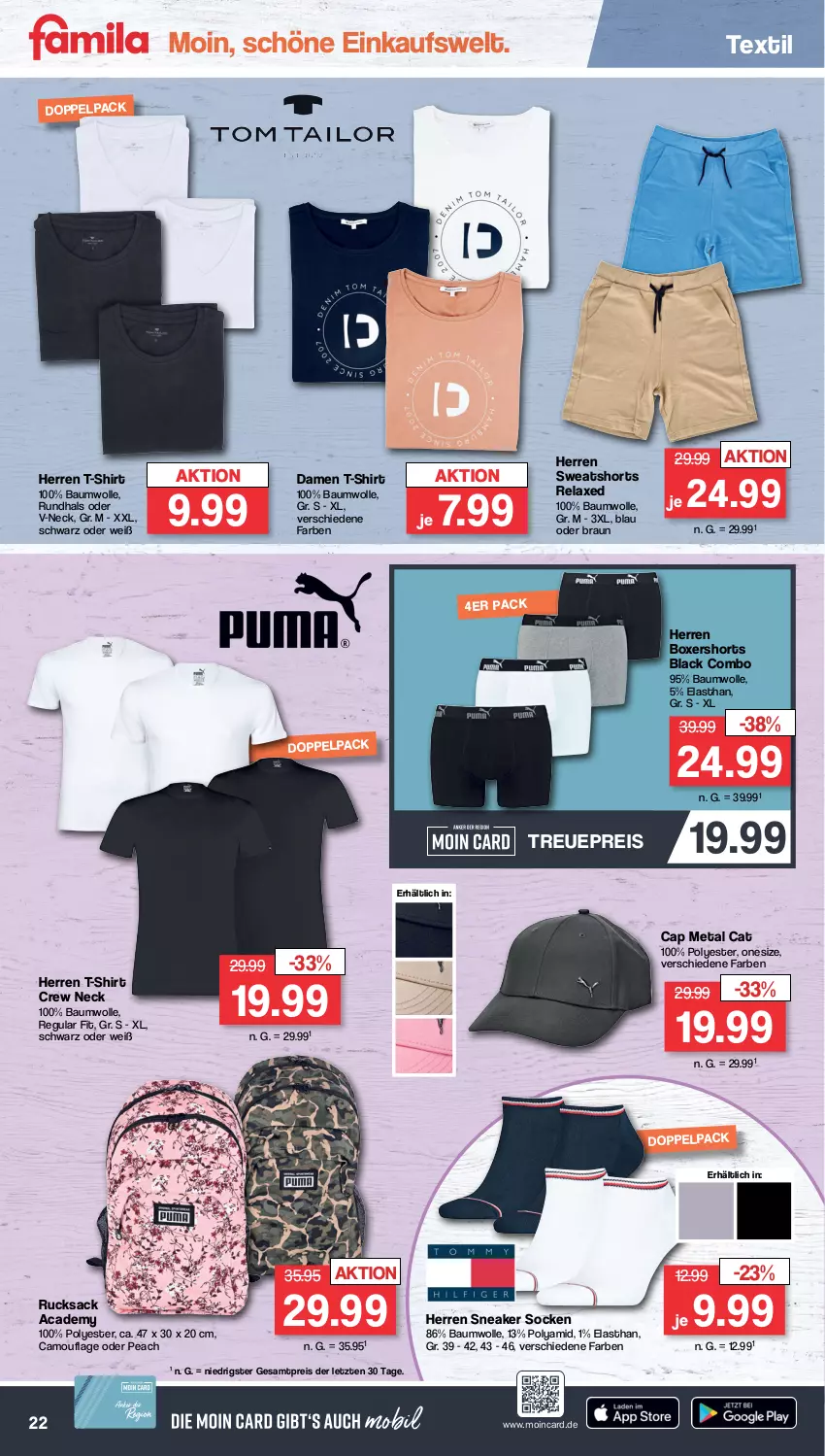 Aktueller Prospekt Famila - Prospekte - von 14.08 bis 19.08.2023 - strona 23 - produkty: axe, Bau, baumwolle, braun, Cap, damen t-shirt, eis, lack, reis, rel, rucksack, sac, shirt, shorts, sneaker, sneaker socken, socken, sweatshorts, T-Shirt, Ti, wolle, ZTE