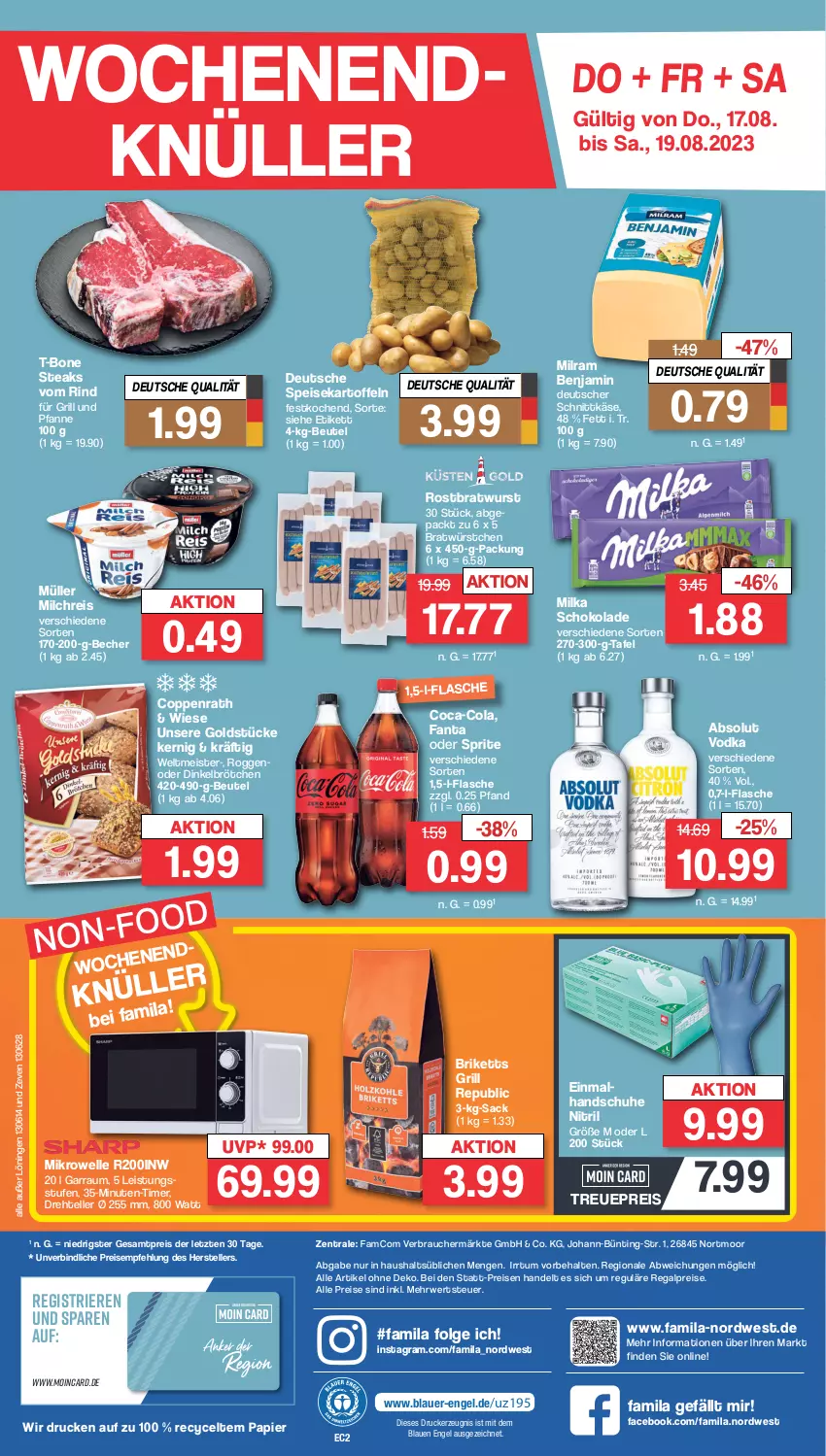 Aktueller Prospekt Famila - Prospekte - von 14.08 bis 19.08.2023 - strona 29 - produkty: Absolut Vodka, auer, Becher, beutel, bratwurst, briketts, brötchen, coca-cola, cola, coppenrath, deutscher schnittkäse, dinkelbrötchen, drucker, eis, elle, Engel, fanta, fanta oder, fanta oder sprite, flasche, für grill und pfanne, garraum, grill, grill und pfanne, handschuhe, kartoffel, kartoffeln, Käse, kerze, LG, Meister, mikrowelle, milch, milchreis, milka, milka schokolade, milram, Müller, ndk, oder sprite, papier, pfanne, Rauch, regal, reis, rind, rostbratwurst, rwe, sac, schnittkäse, schoko, schokolade, schuhe, speisekartoffeln, sprite, steak, steaks, T-Bone Steak, teller, Ti, timer, und pfanne, vodka, wurst, würstchen, ZTE