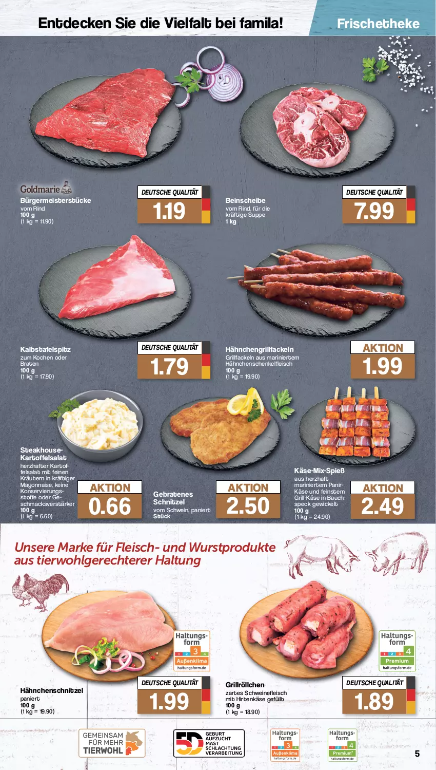 Aktueller Prospekt Famila - Prospekte - von 14.08 bis 19.08.2023 - strona 34 - produkty: Bau, braten, decke, eis, fleisch, Germ, grill, grillfackeln, hähnchenschenkel, Hähnchenschnitzel, henkel, hirtenkäse, kartoffel, kartoffelsalat, Käse, kräuter, kräutern, LG, mac, mayonnaise, Meister, rind, salat, schenkel, schnitzel, schwein, schweine, schweinefleisch, Speck, steak, suppe, tafelspitz, Ti, wein, weine, WICK, wurst, Yo