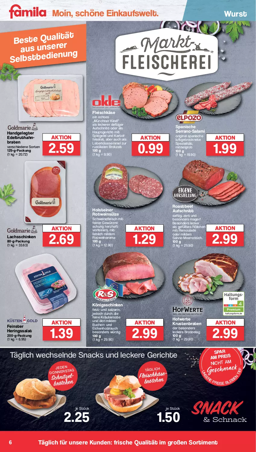 Aktueller Prospekt Famila - Prospekte - von 14.08 bis 19.08.2023 - strona 35 - produkty: aufschnitt, beef, braten, brot, brötchen, buch, eis, fleisch, fleischkäse, gewürz, Gewürzmischung, gin, hering, Herings, holsteiner, Holz, kartoffel, kartoffelsalat, Käse, kräuter, kräutern, krustenbraten, lachs, lachsschinken, LG, mac, meerrettich, Rauch, reis, remoulade, Rettich, ring, roastbeef, rotwein, sac, saft, sahne, salami, salat, salz, schinken, schnitzel, schwein, schweine, schweinefleisch, Semmel, serrano, snack, snacks, Spezi, spiegel, steiner, tesa, Ti, truthahn, wein, weine, wurst