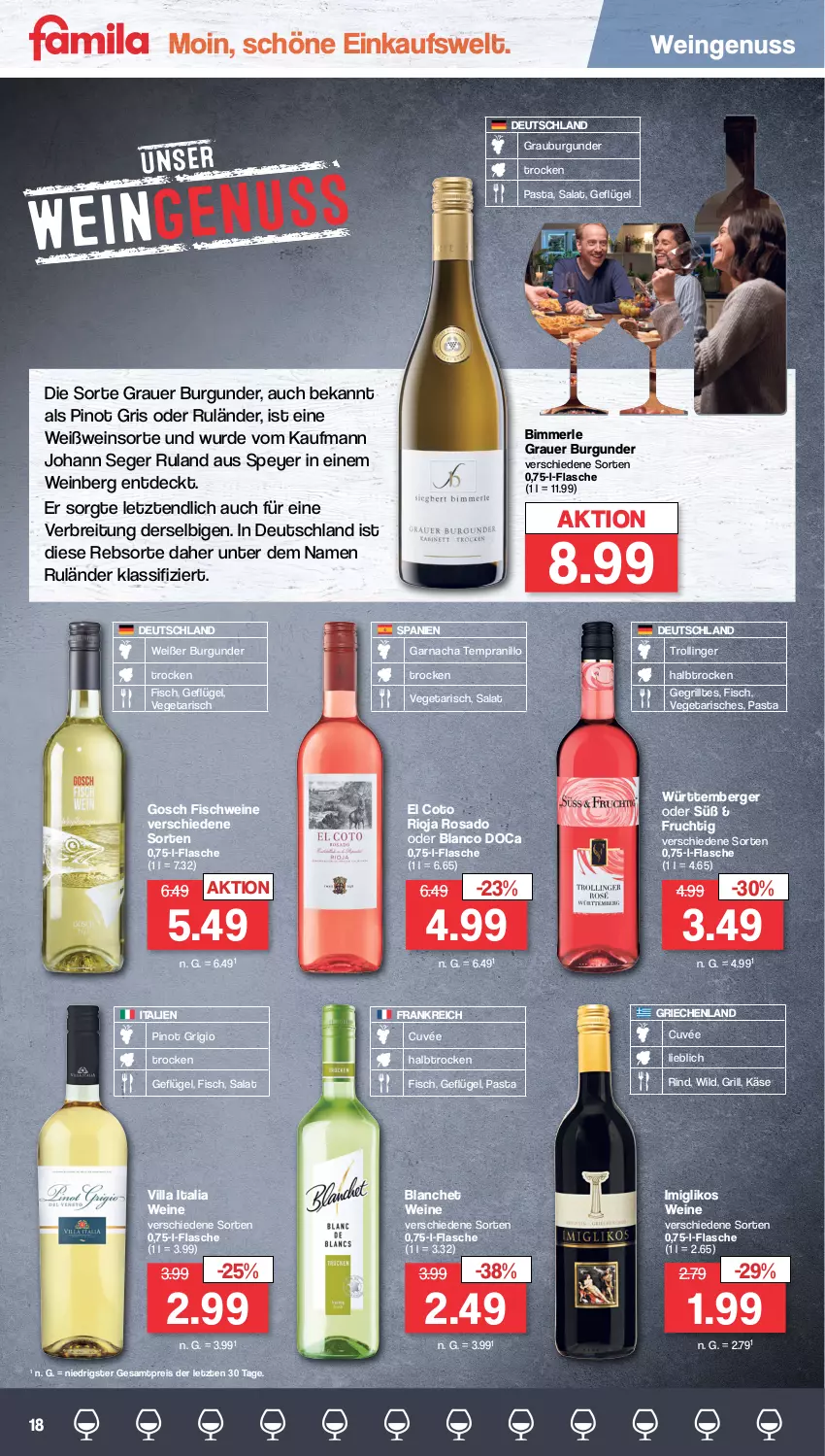 Aktueller Prospekt Famila - Prospekte - von 14.08 bis 19.08.2023 - strona 47 - produkty: auer, Berger, Brei, burgunder, cuvée, eis, fisch, flasche, frucht, Geflügel, grauburgunder, grauer burgunder, grill, Käse, merl, nuss, pasta, Pinot, pinot grigio, reis, rind, rioja, salat, schwein, schweine, speyer, tempranillo, Ti, trolli, trollinger, Vegeta, wein, weine, Weißwein, Wild, ZTE