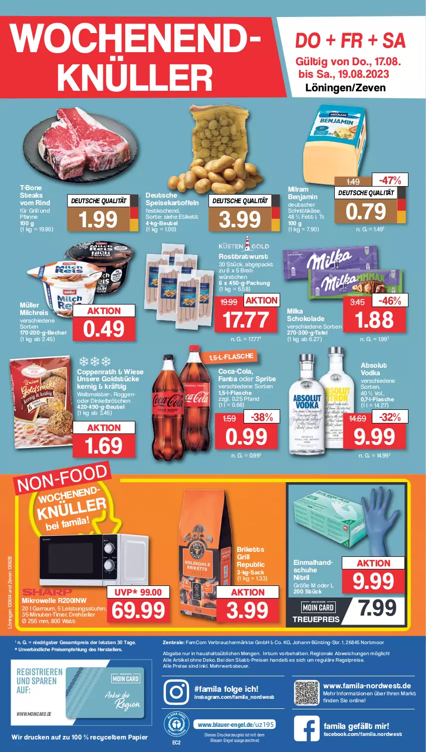 Aktueller Prospekt Famila - Prospekte - von 14.08 bis 19.08.2023 - strona 57 - produkty: Absolut Vodka, auer, Becher, beutel, bratwurst, briketts, brötchen, coca-cola, cola, coppenrath, deutscher schnittkäse, dinkelbrötchen, drucker, eis, elle, Engel, fanta, fanta oder, fanta oder sprite, flasche, für grill und pfanne, garraum, Goldstücke, grill, grill und pfanne, handschuhe, kartoffel, kartoffeln, Käse, kerze, LG, Meister, mikrowelle, milch, milchreis, milka, milka schokolade, milram, Müller, ndk, oder sprite, papier, pfanne, Rauch, regal, reis, rind, rostbratwurst, rwe, sac, schnittkäse, schoko, schokolade, schuhe, speisekartoffeln, sprite, steak, steaks, T-Bone Steak, teller, Ti, timer, und pfanne, vodka, wurst, würstchen, ZTE