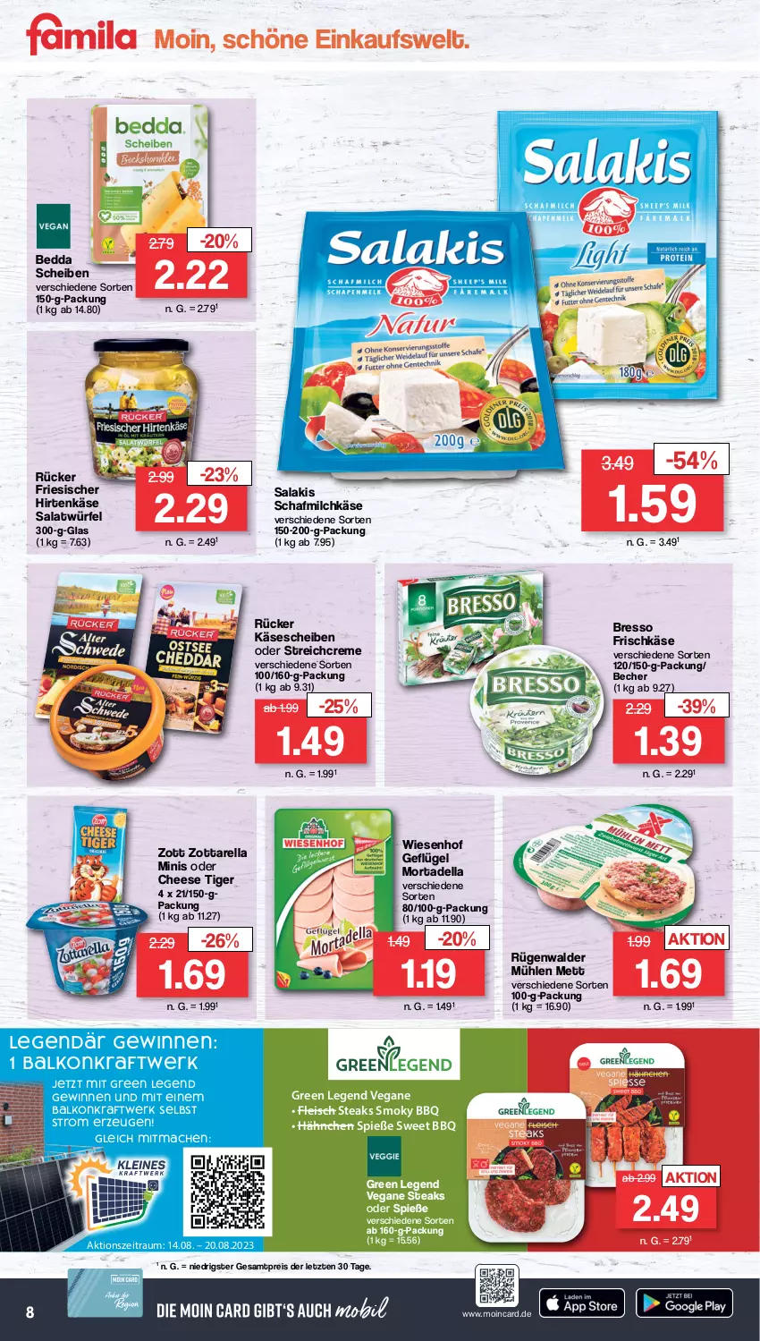 Aktueller Prospekt Famila - Prospekte - von 14.08 bis 19.08.2023 - strona 8 - produkty: Becher, bresso, creme, dell, eis, fleisch, friesischer hirtenkäse, frischkäse, Geflügel, hirtenkäse, Käse, käsescheiben, kraft, mac, Mett, milch, mortadella, reis, rel, rügenwalder, rügenwalder mühle, salakis, salat, Salatwürfel, steak, steaks, Ti, wiesenhof, würfel, zott, zottarella, zottarella minis, ZTE