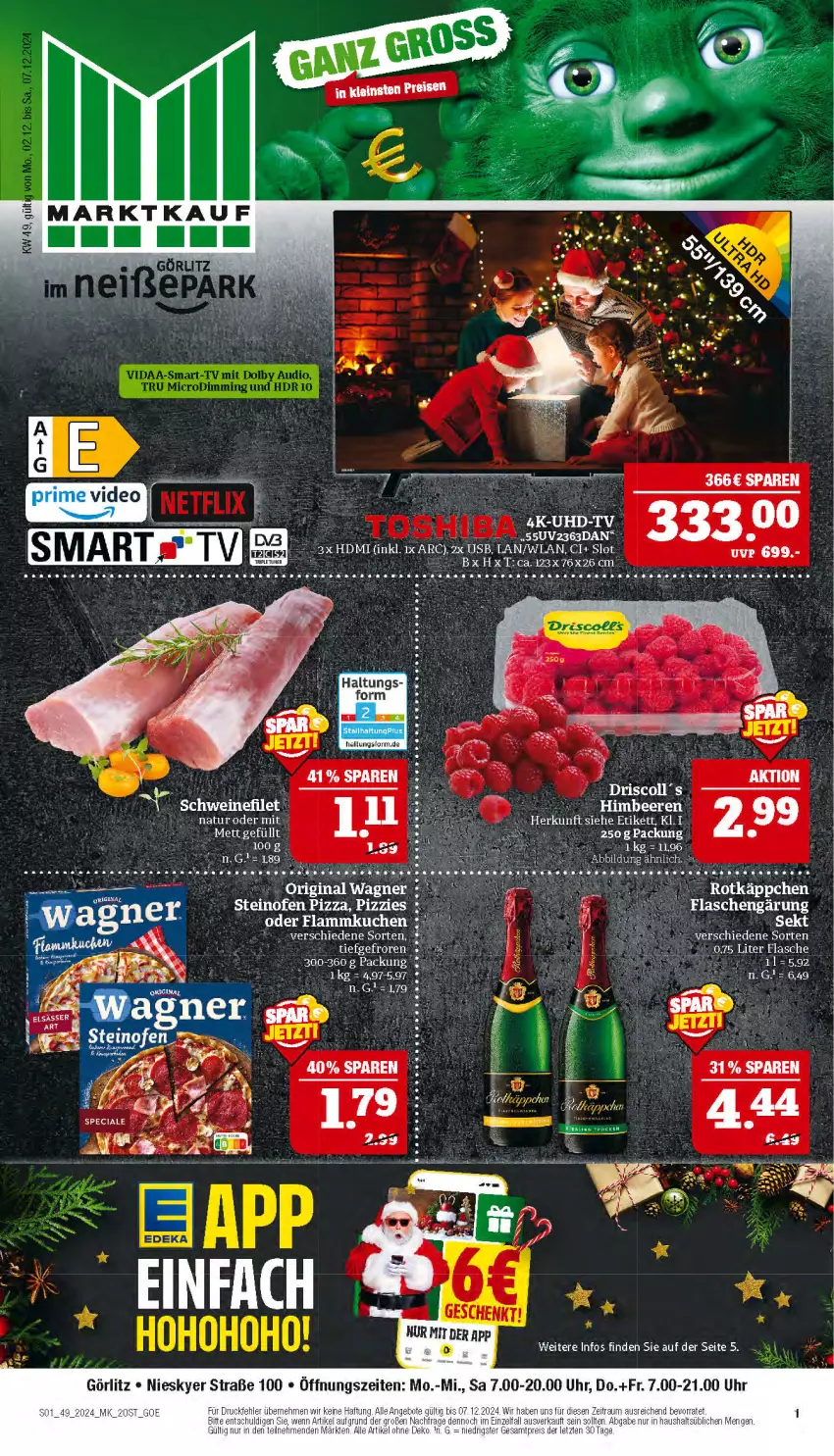 Aktueller Prospekt Marktkauf - Prospekt - von 01.12 bis 07.12.2024 - strona 1 - produkty: beere, beeren, eis, flammkuchen, flasche, HDMI, himbeer, himbeere, himbeeren, kuchen, lamm, Mett, Ofen, pizza, rotkäppchen, steinofen, steinofen pizza, Ti, tuner, uhr, usb