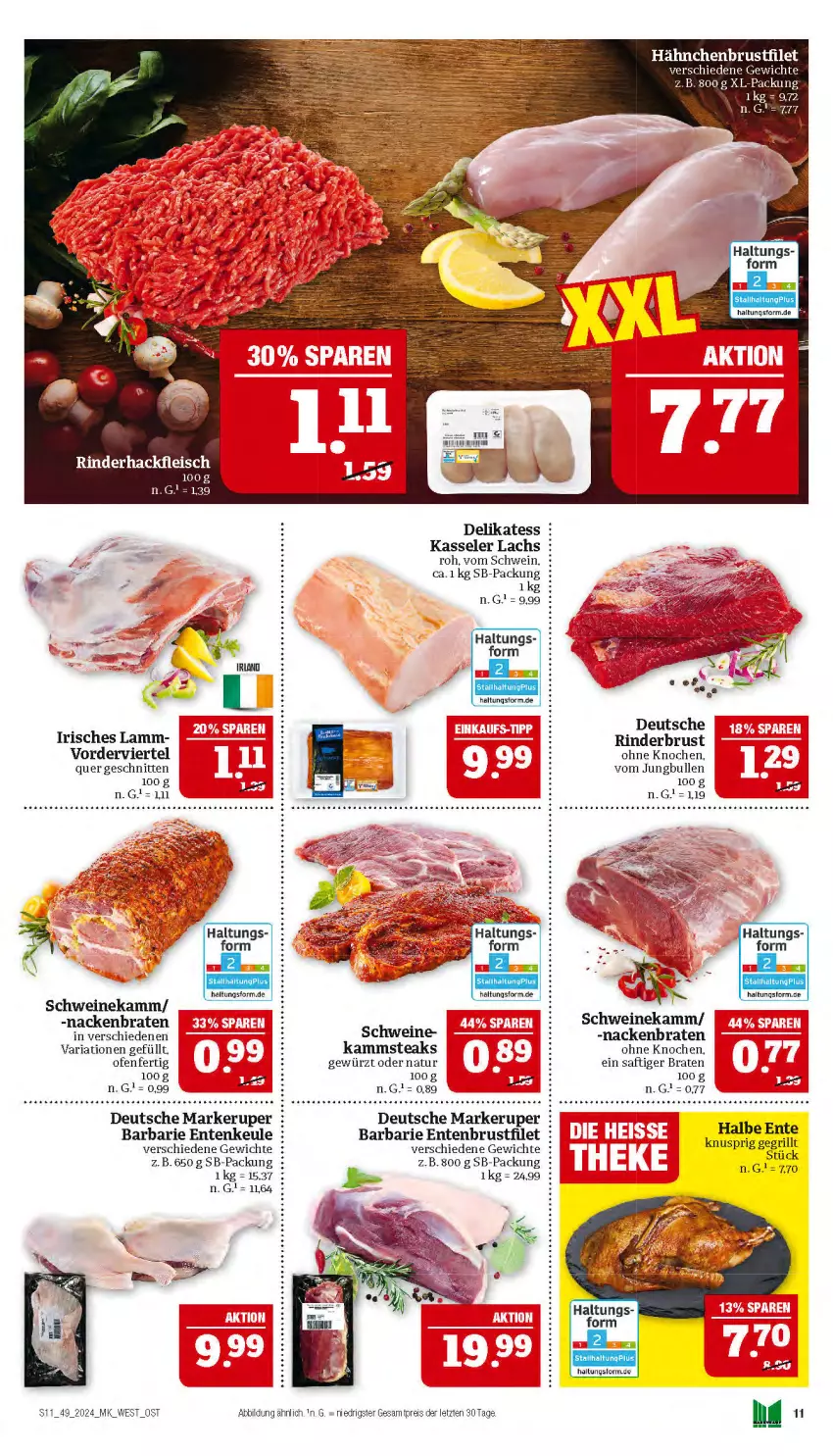 Aktueller Prospekt Marktkauf - Prospekt - von 01.12 bis 07.12.2024 - strona 11 - produkty: braten, brustfilet, eis, ente, Entenbrust, Entenkeule, filet, gewürz, hähnchenbrust, hähnchenbrustfilet, Intel, jungbullen, kasseler, lachs, lamm, natur, Ofen, reis, Ria, rind, rinder, saft, schnitten, schwein, schweine, steak, steaks, Ti, wein, weine, ZTE