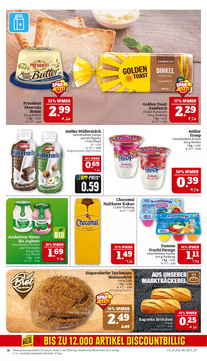 Aktueller Prospekt Marktkauf - Prospekt - von 01.12 bis 07.12.2024 - strona 16 - produkty: aktionspreis, andechser natur, Becher, bio, brot, butter, danone, danone fruchtzwerge, deka, eis, flasche, froop, frucht, fruchtzwerge, gin, golden toast, joghur, joghurt, kakao, LG, meersalz, milch, Müller, müller froop, müllermilch, natur, nuss, reis, salz, sandwich, Ti, toast, walnuss, ZTE