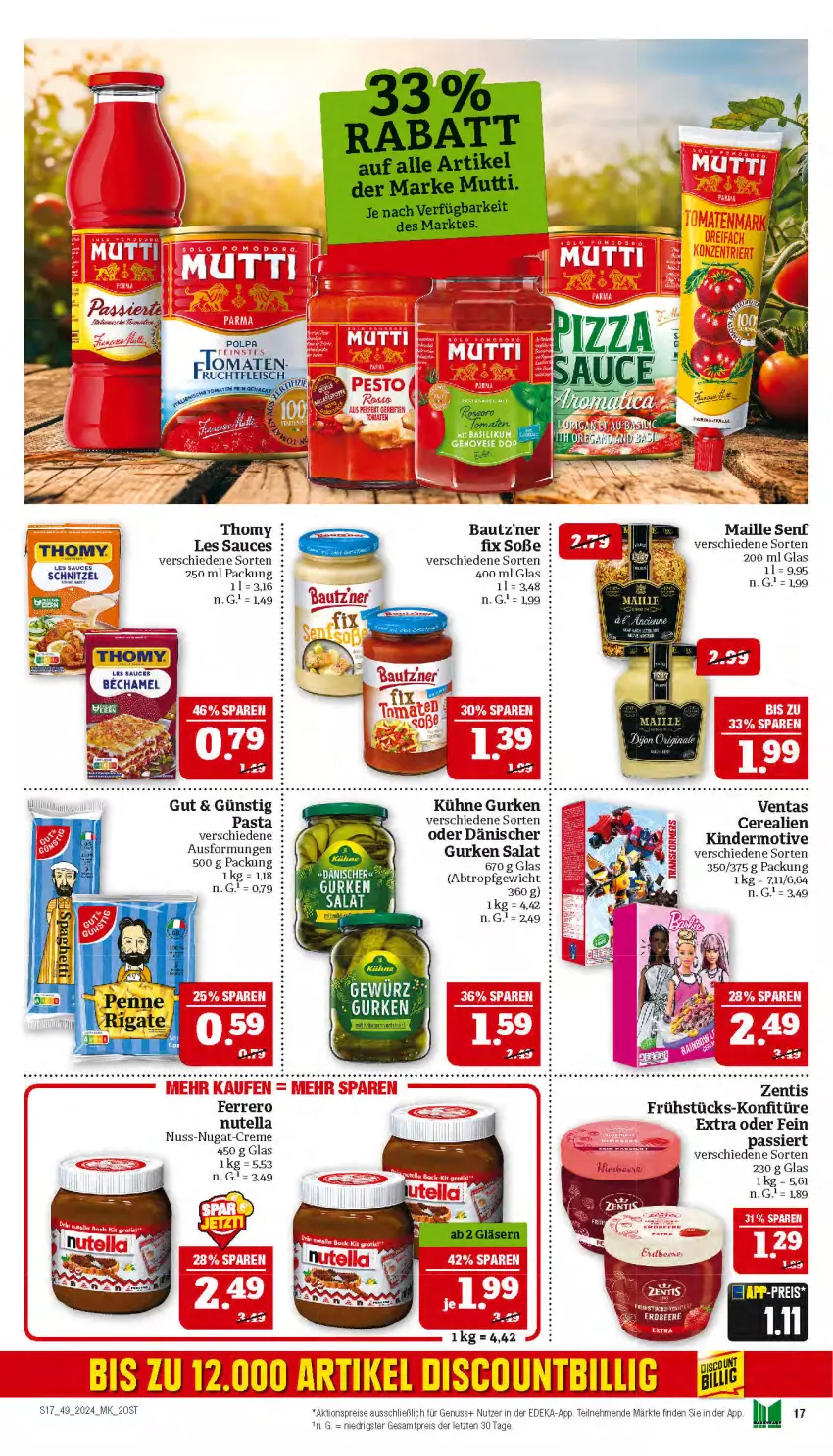 Aktueller Prospekt Marktkauf - Prospekt - von 01.12 bis 07.12.2024 - strona 17 - produkty: aktionspreis, Bau, cerealien, creme, deka, eis, ferrero, genovese, gurke, gurken, Kinder, konfitüre, Kühne, maille, nuss, nuss-nugat-creme, nutella, pasta, reis, salat, sauce, schnitzel, senf, Soße, tee, thomy, Ti, Venta, zentis, ZTE