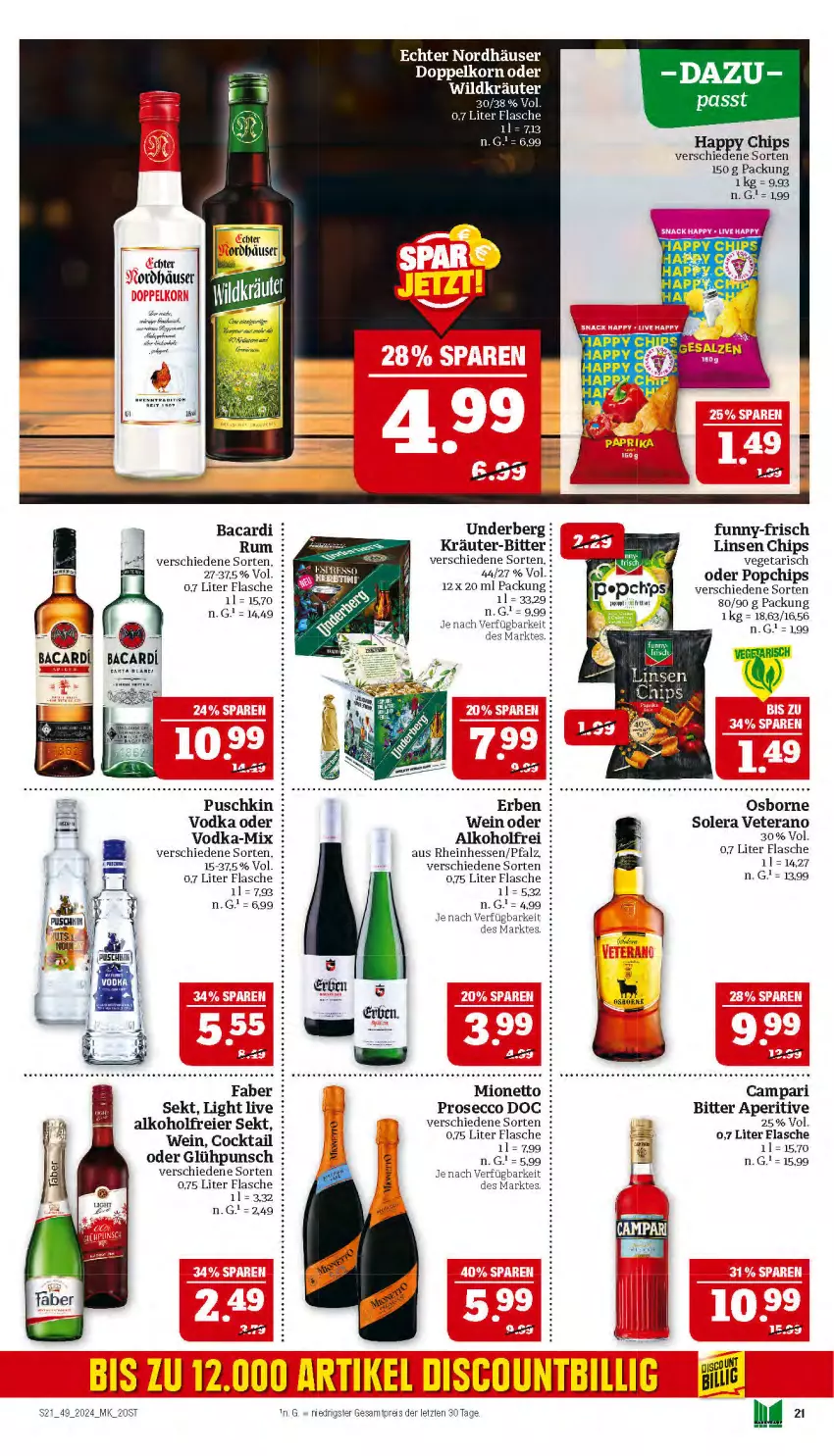 Aktueller Prospekt Marktkauf - Prospekt - von 01.12 bis 07.12.2024 - strona 21 - produkty: alkohol, bacardi, campari, chips, cocktail, discount, doppelkorn, ecco, eier, eis, flasche, funny-frisch, HP, korn, kräuter, linsen, mionetto, monte, osborne, prosecco, puschkin vodka, reis, rum, sekt, Ti, underberg, Vegeta, veterano, vodka, wein, ZTE