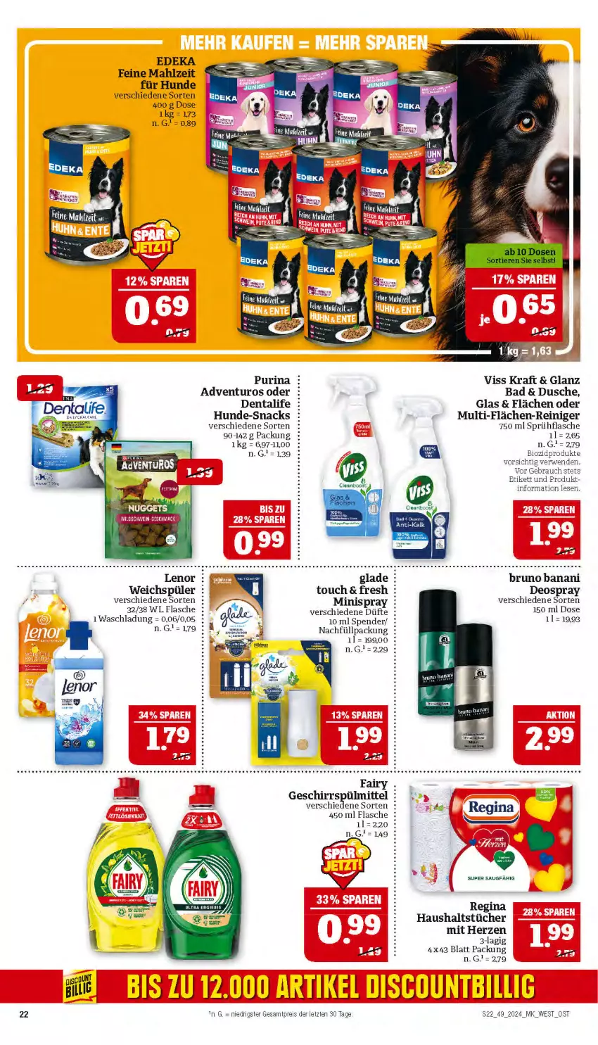 Aktueller Prospekt Marktkauf - Prospekt - von 01.12 bis 07.12.2024 - strona 22 - produkty: adventuros, Bad, bio, biozidprodukte, bruno banani, deka, deo, deospray, discount, dusche, eis, ente, fairy, flasche, geschirr, geschirrspülmittel, gin, Glade, haushaltstücher, kraft, lenor, purina, Rauch, reiniger, reis, rwe, snack, snacks, sprühflasche, spülmittel, Ti, tücher, weichspüler, ZTE