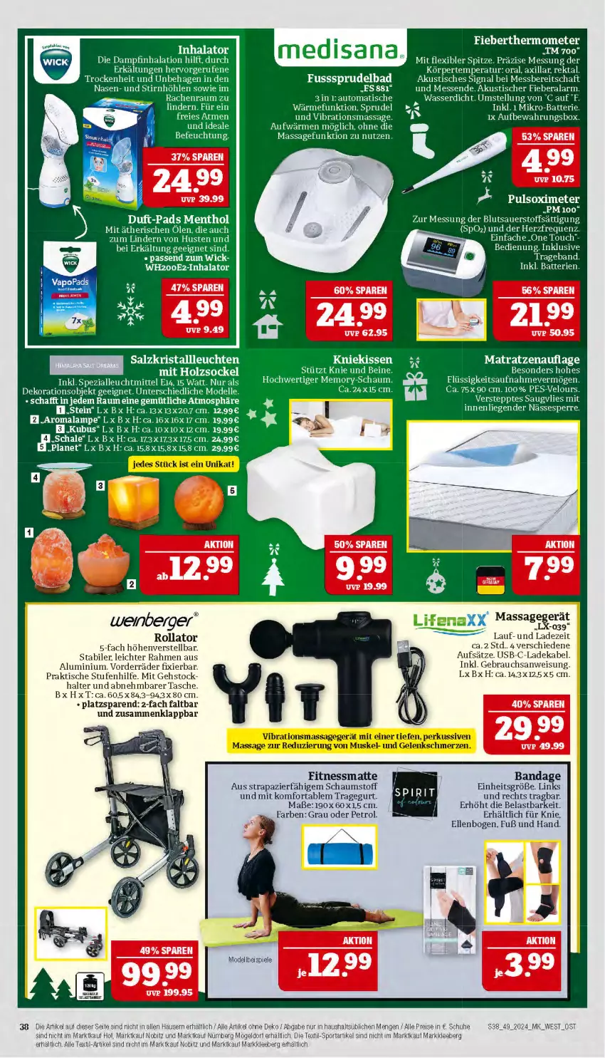 Aktueller Prospekt Marktkauf - Prospekt - von 01.12 bis 07.12.2024 - strona 38 - produkty: auer, auto, Bad, batterie, batterien, Berger, deka, dekoration, dell, eis, elle, Fieberthermometer, gefu, Holz, isana, ladekabel, Lampe, Leuchte, leuchten, leuchtmittel, Liege, Massagegerät, matratze, matratzen, matratzenauflage, medisana, Mode, Rauch, reis, salz, sana, Schal, Schale, schuhe, Signal, Spezi, Spiele, Sport, Sprudel, Sprudelbad, Tasche, tee, thermometer, Ti, tisch, usb, wasser, wein, WICK