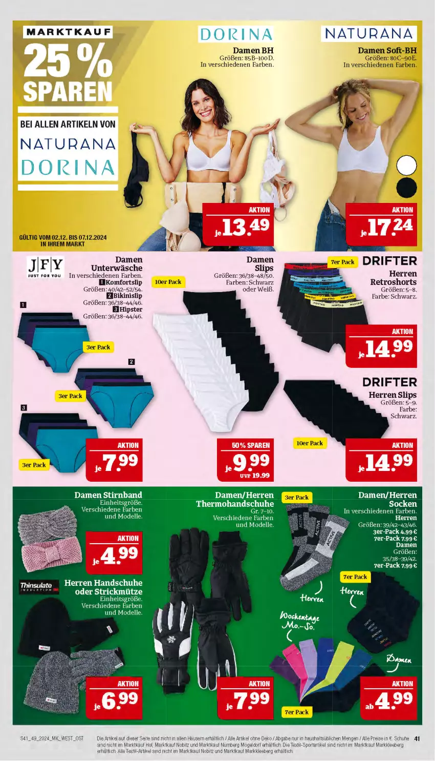 Aktueller Prospekt Marktkauf - Prospekt - von 01.12 bis 07.12.2024 - strona 41 - produkty: aeg, bikini, dell, dorina, eis, elle, handschuhe, Mode, Mütze, natur, natura, naturana, Rana, reis, retroshorts, schuhe, shorts, slip, slips, socken, Sport, Ti, Unterwäsche, Yo