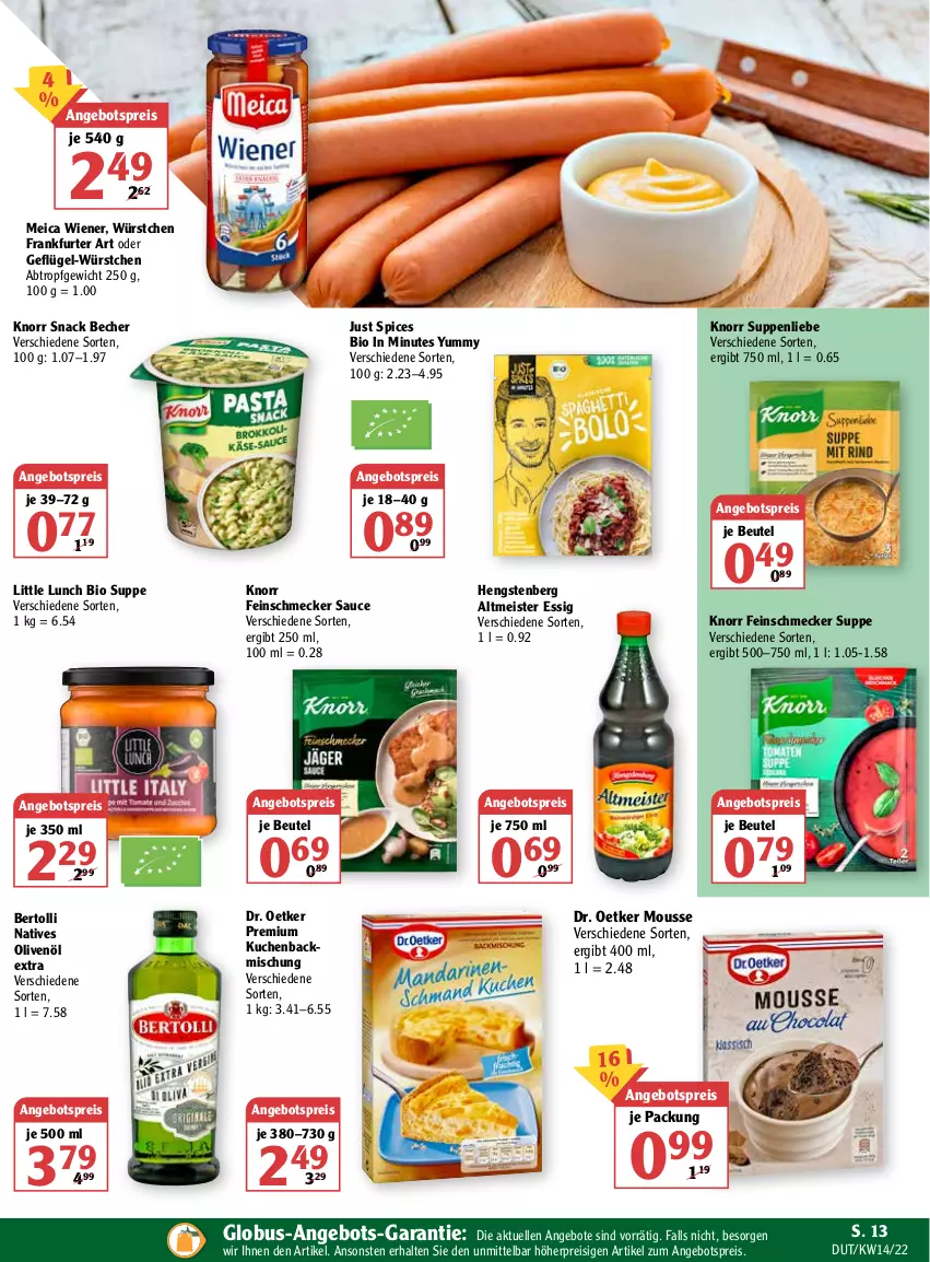 Aktueller Prospekt Globus - Prospekte - von 04.04 bis 09.04.2022 - strona 15 - produkty: angebot, angebote, angebotspreis, backmischung, Becher, bertolli, beutel, bio, Dr. Oetker, eis, elle, essig, feinschmecker, frankfurter, Geflügel, hengstenberg, Hengstenberg Altmeister, knorr, kuchen, meica, Meister, mousse, natives olivenöl, olive, oliven, olivenöl, olivenöl extra, reis, sauce, snack, suppe, suppen, suppenliebe, Ti, wiener, würstchen