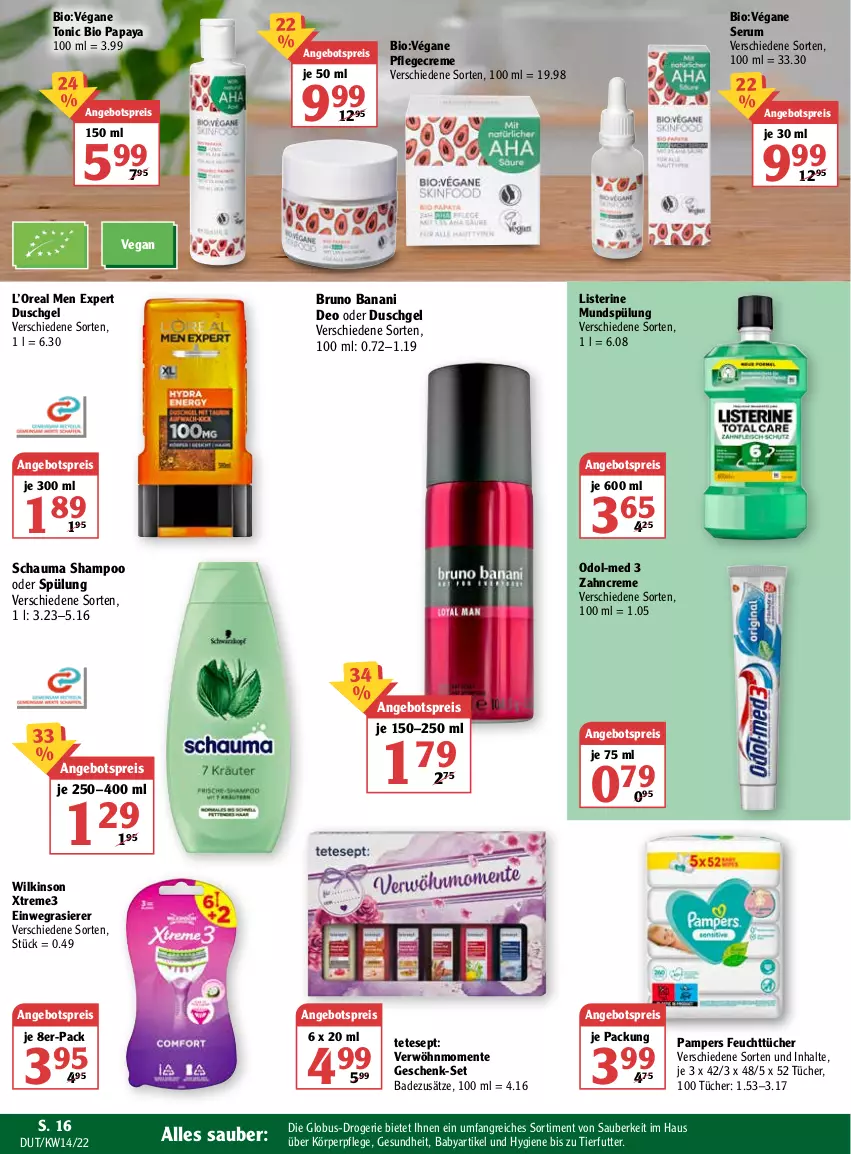 Aktueller Prospekt Globus - Prospekte - von 04.04 bis 09.04.2022 - strona 18 - produkty: angebot, angebotspreis, Bad, bio, bruno banani, creme, deo, duschgel, einwegrasierer, eis, ente, feuchttücher, Gesundheit, körperpflege, listerine, mundspülung, Odol, Odol-med 3, pampers, Papaya, Pflegecreme, rasierer, reis, rum, schauma, schauma shampoo, Serum, shampoo, shampoo oder spülung, spülung, Ti, tonic, tücher, wilkinson, zahncreme